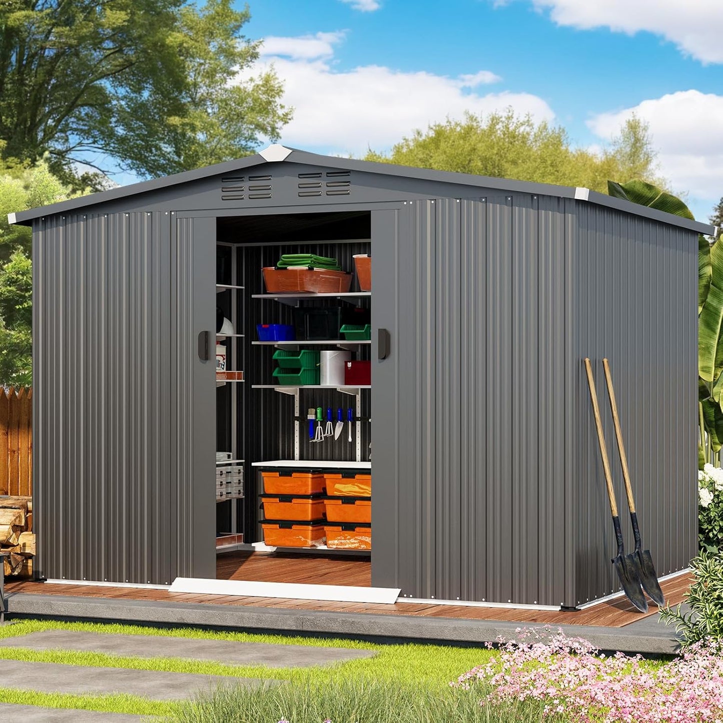 AECOJOY Shed 6' x 8' Outdoor Storage Shed with Sliding Door, Outdoor Storage Tool Shed Storage Cabinet, Metal Garden Shed for Yard, Outdoor Storage Clearance in Dark Grey