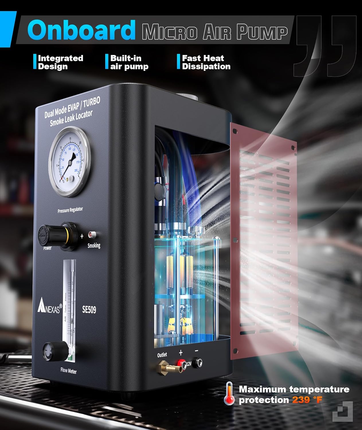 NEXAS SE509 Smoke Machine Automotive with Built-in 2 Air Pump, Pressure Regulator, Dual Mode EVAP Turbo Automotive Smoke Leak Detector, Smoke Tester Tools Kit for Vacuum, Fuel and More Leak Testing