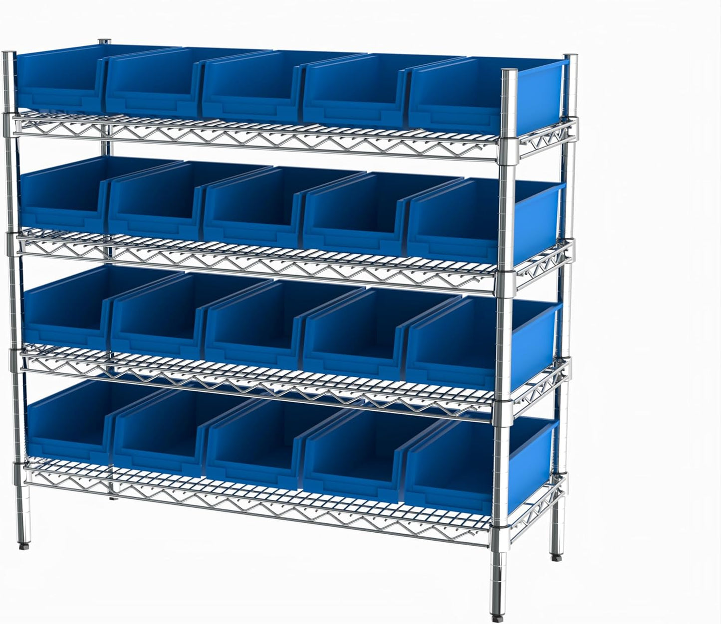 Hudson Exchange 36x14x33, 4-Tier (20 Bins Included), Industrial Wire Shelving Unit with Storage Shelf Bins, Chrome Rack (Blue)