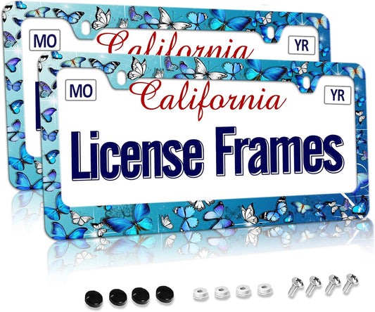 Blue Butterfly License Plate Frame Butterflies License Plate Holder,Butterfly License Plate Covers for Women Tag Frame for Car Women 2 Pack with Screws 12.3" x 6.3"