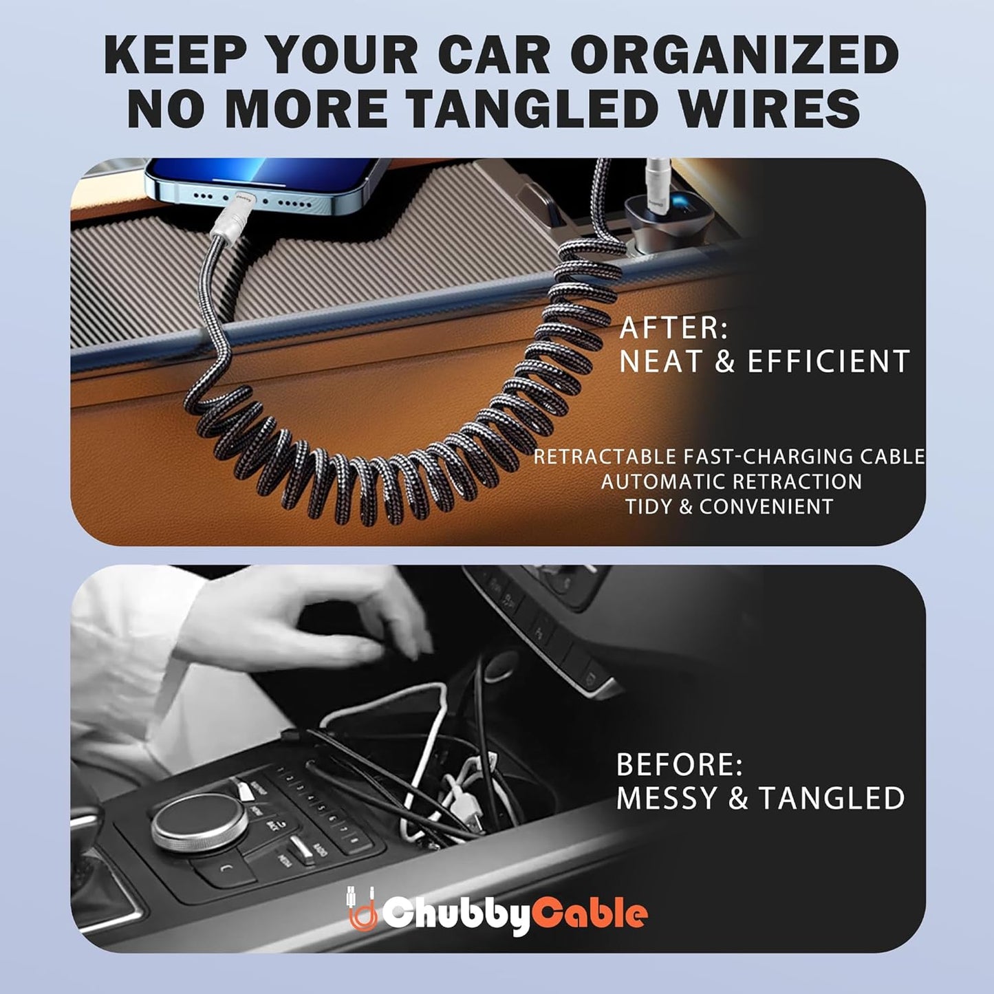 chubbycable Curly Chubby - Retractable Fast Charging Cable 240W Coiled Charger Cord for Car Durable USB-C Cable for Phones, Tablets and More, Orange+Orange, Type-C to Type-C, 1.3FT-2.3FT