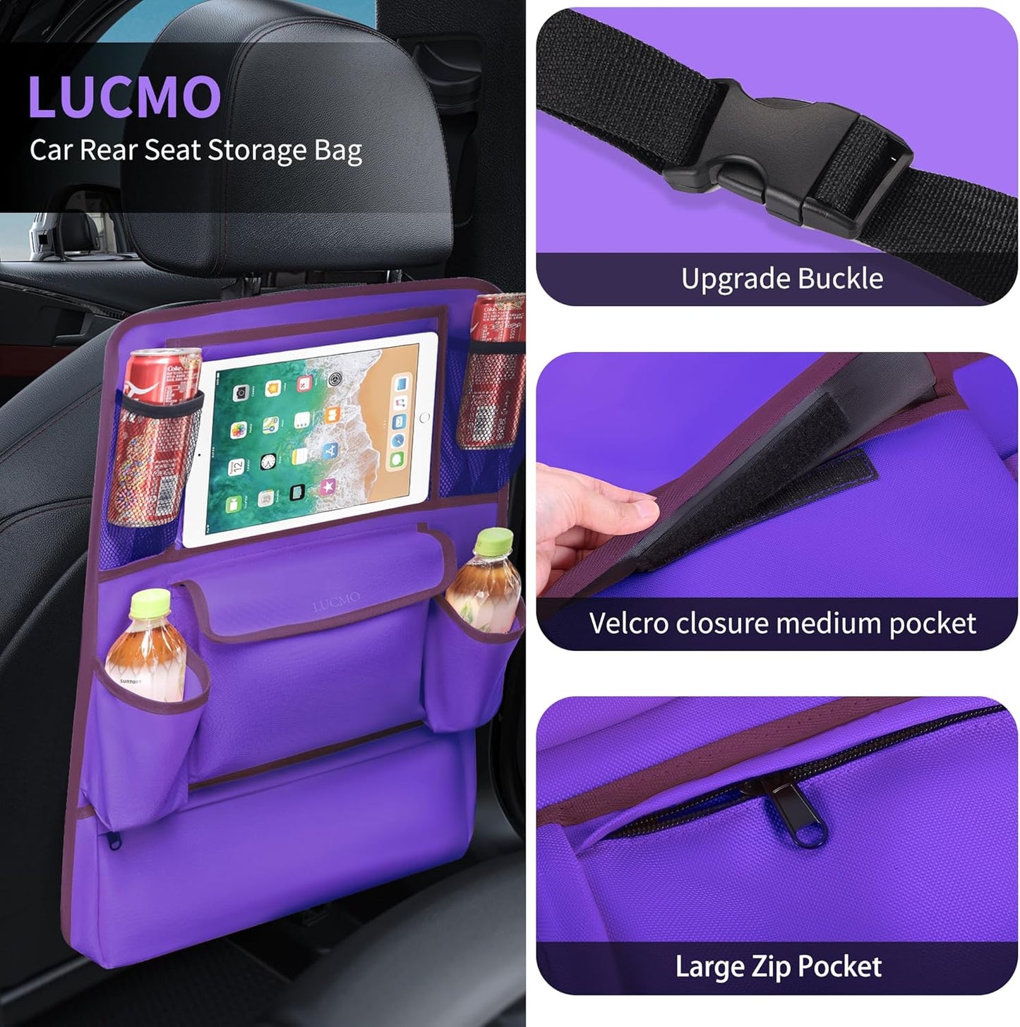 LUCMO Car Backseat Organizer with Touch Screen Tablet Holder,9 Storage Pockets Car Storage Organizer,Protectors Kick Mats Travel Accessories for Kids-Dark Purple