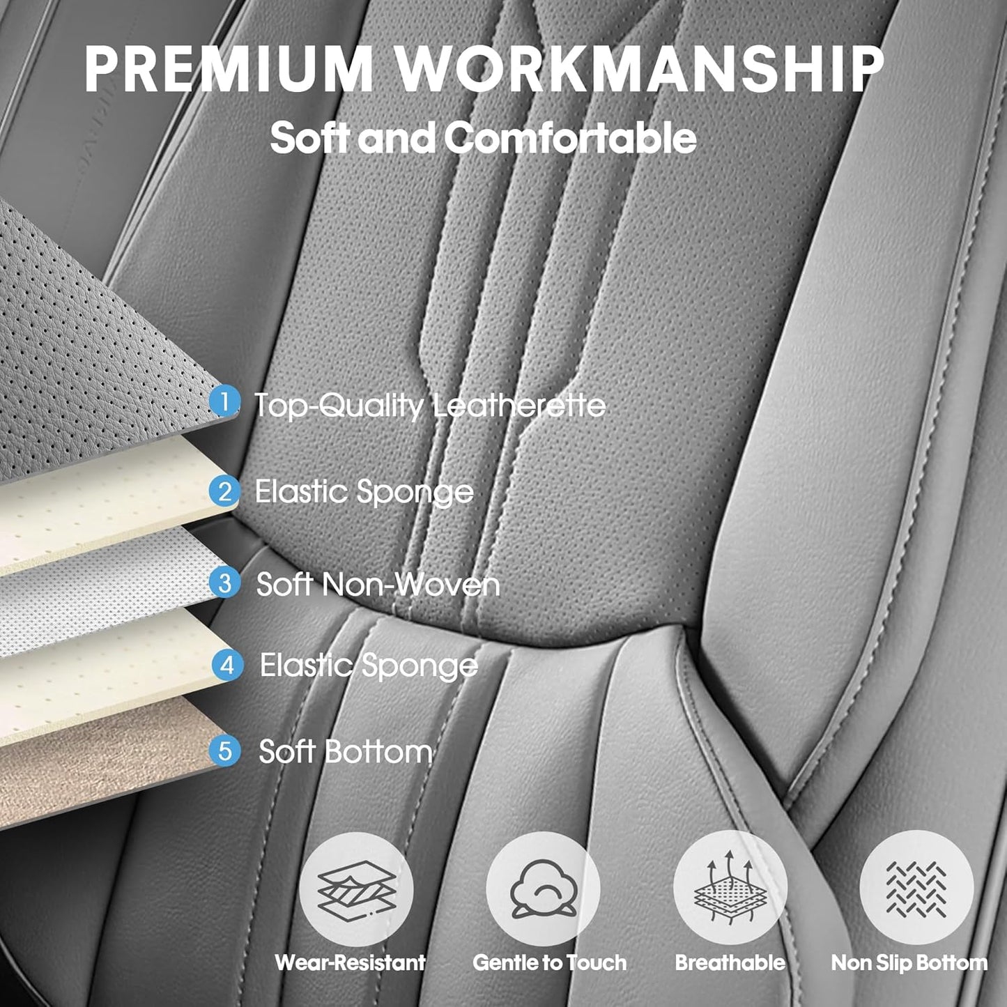 AOOG Car Seat Covers Full Set, Leather Seat Covers for Car, Waterproof Car Seat Protector with Lumbar Support, Automotive Seat Covers Universal Fit for Most Cars SUV Trucks (Full Set, Grey)