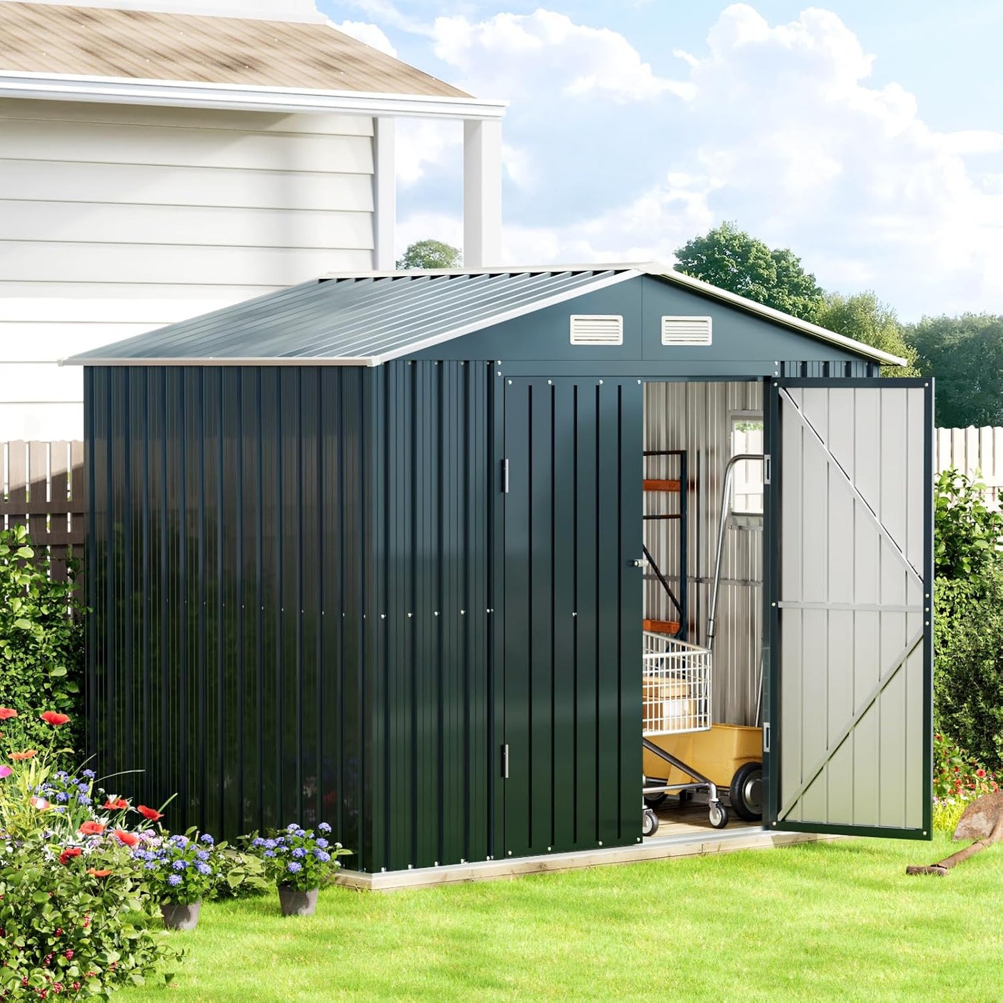 6X8X6.4FT Outdoor Steel Storage Shed with Lockable Doors, Frame Floor (No Wood/Other Boards),One Clear Window,Ideal for Garden, Backyard, Patio Storage