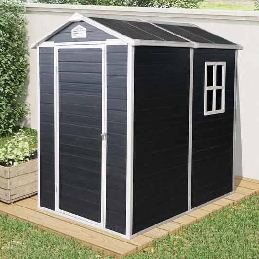 4x6 FT Outdoor Storage Shed, Resin Garden Shed with Thick Floor, Plastic Storage Shed with Window, Waterproof Outside Tool Shed with Lockable Hinged Door for Backyard, Patio, Lawn, Black