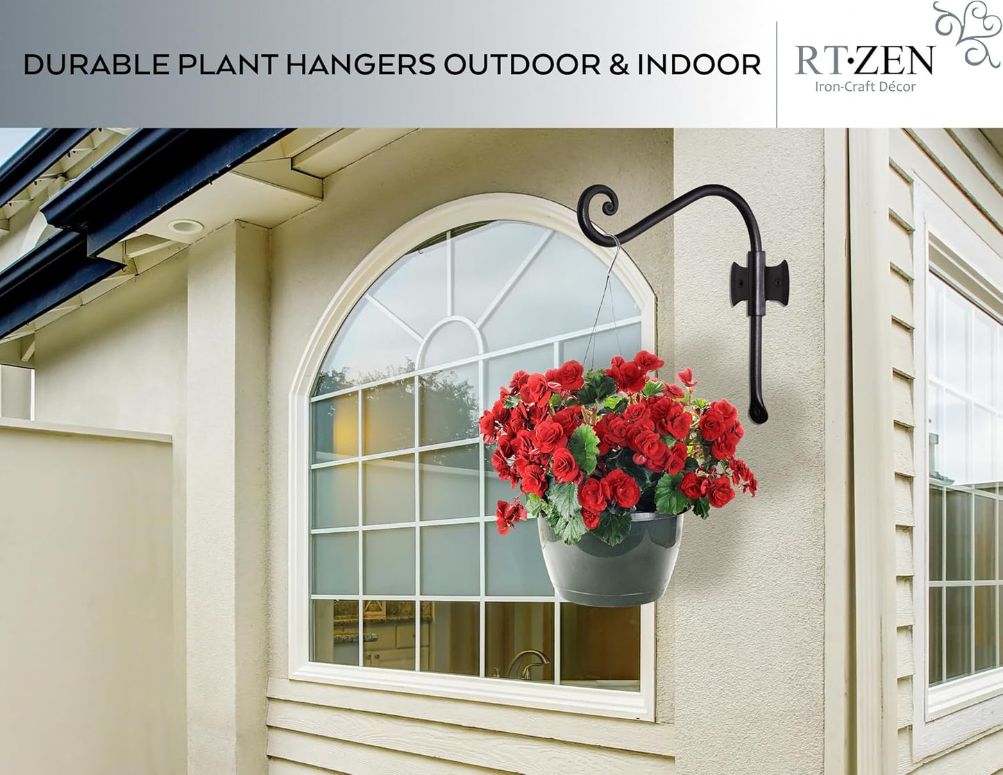 RTZEN Plant Hangers Outdoor or Indoor - Wrought Iron Metal Hanger Indoor Hook - Heavy Duty Wall Bracket Hooks for Hanging Plants Baskets Lanterns Wind Chimes - 2 Pack (Black Axe-Shape Hooks)