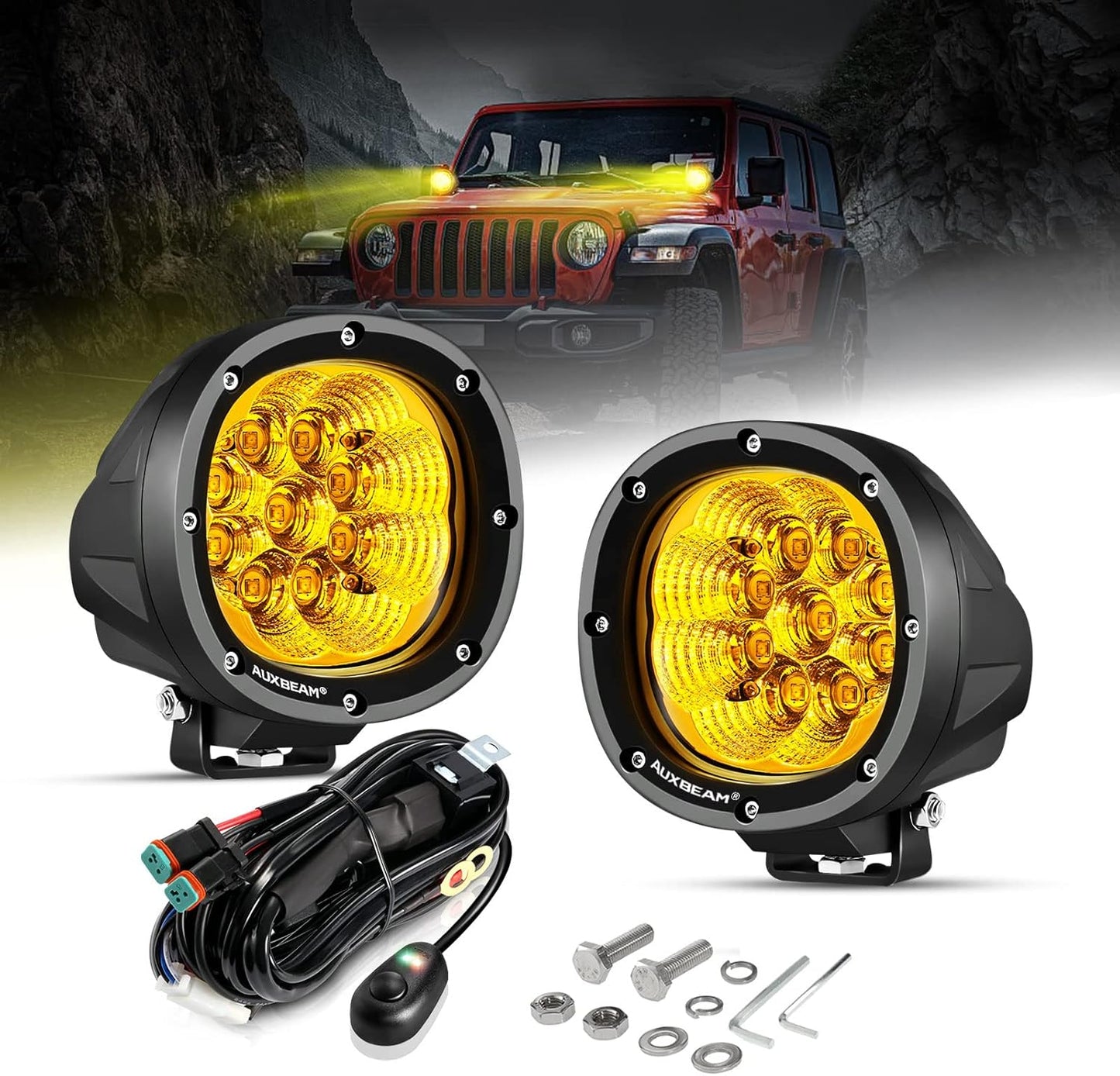 Auxbeam 4 Inch Amber Round LED Driving Light, 2PCS 90W 9000LM Yellow Fog Pods Light Bar Off-Road Flood Work Energy-Efficient Lights with DT Plug Wiring Harness Kit for Truck Jeep Pickup ATV UTV SUV