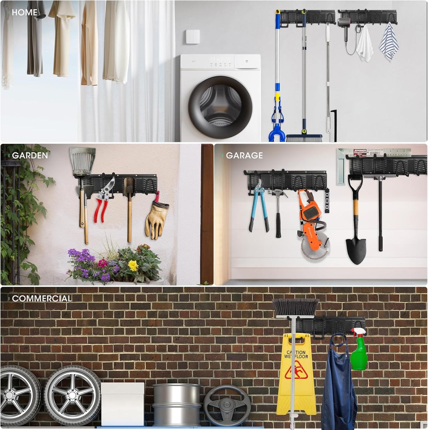 Garage Organization Garage Wall Organizer-Garage Tool Organizer Wall Mount 48in with Adjustable Metal Hooks,Max 440Lbs Yard Tool Organizer,Garden Tool Storage for Shovels Broom Folding Chair,Black