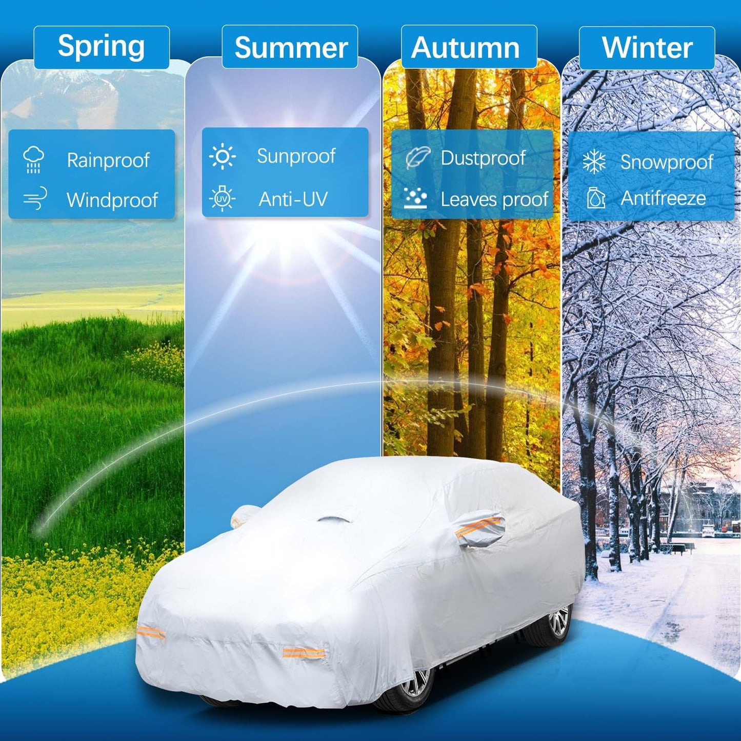 30 Layers Heavy Duty SUV Car Cover for Automobiles All Weather Waterproof, Outdoor Snowproof UV Protection Windproof, Door Zipper, Soft Cotton Universal Car Covers (Silver, Fit SUV 171"-180")