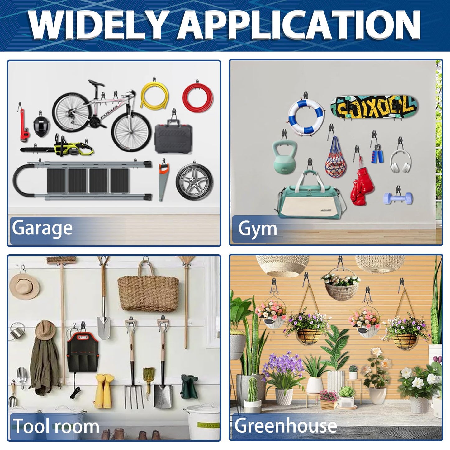 3-H Garage Wall Hooks 14 Pack, Garage Hooks Heavy Duty with Extra Welding Spots, Wall Mount Storage Organizer for Hanging Garden Lawn Tools Ladder Bike WeedEater Chair Shovel Blower (Grey)