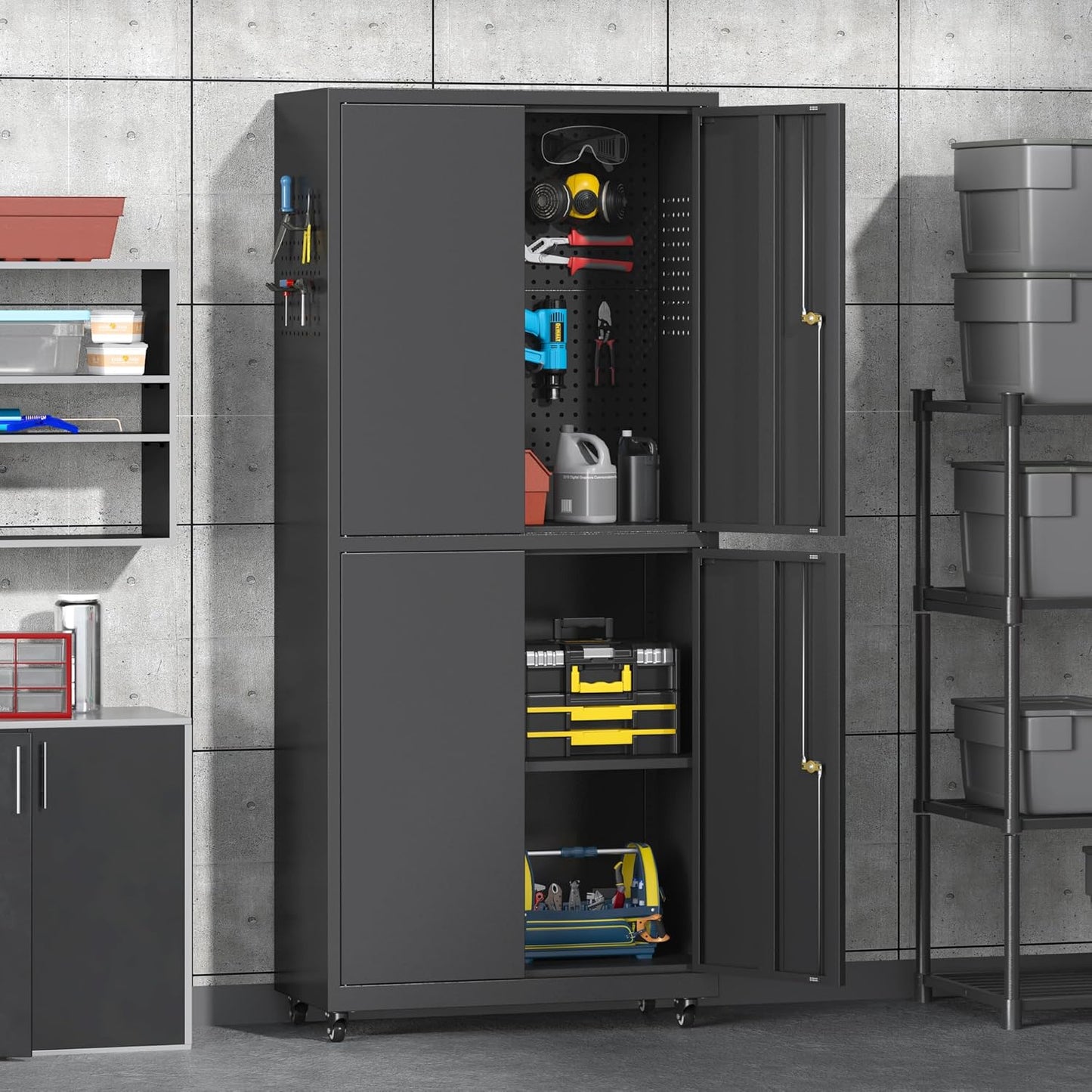 71" H Metal Tool Storage Cabinet with Lock and Wheels, Heavy Duty Garage Cabinet with 4 Doors and 2 Adjustable Shelves, Tool Organizer with Pegboard for Garage, Warehouse(Black, 71" H)