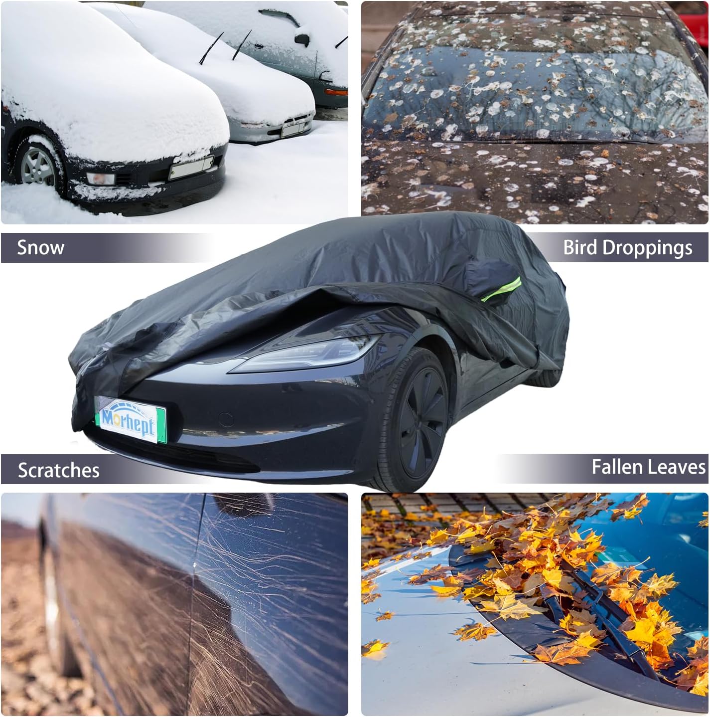 Car Cover for Tesla Model 3, Custom Fit Waterproof All Weather Full Exterior Cover Rain Snow UV Protection with Door Zipper Charging Port