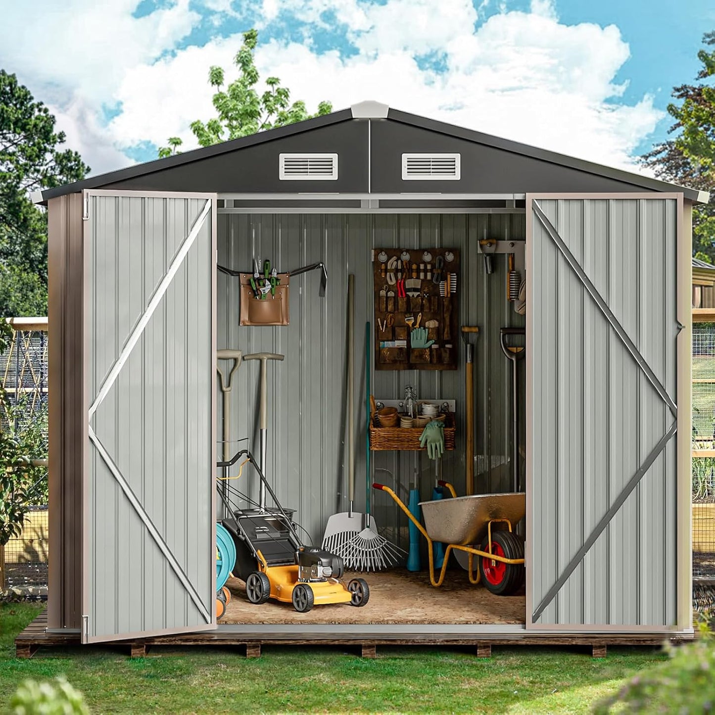 6x4 FT Outdoor Storage Shed with Lockable Double Doors & Loping Roof, Outdoor Metal Shed for Bike, Tool, Generator Storage in Backyard, Patio (6’x4’)