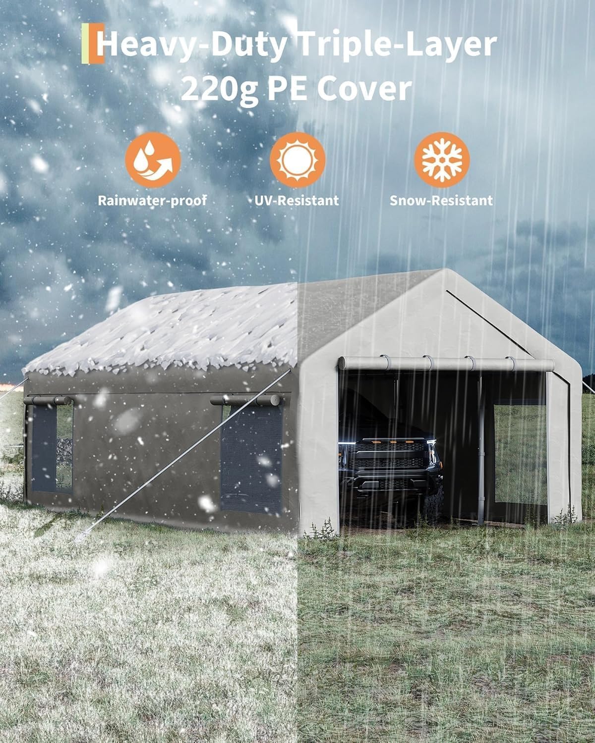 13 x 25ft Heavy-Duty Carport Canopy with Roll-Up Windows & DoorsThickened Wind Ropes, Ground Nails, Portable Car Tent Garage for Cars, Trucks, Boats, 200G Durable Tarp Cover,White