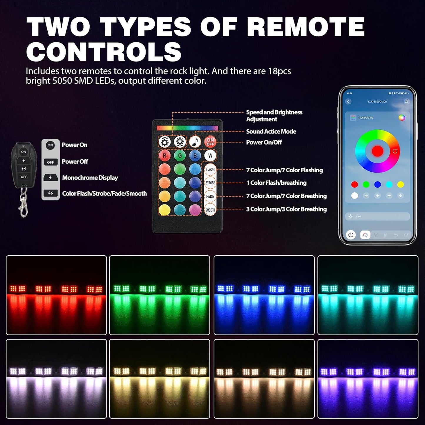 Nilight RGB LED Rock Lights Kit 8 PCS 18LED Wide Angle Wheel Well Light with Remote & Bluetooth App Dual Control Multi Modes Underglow Multicolor Neon Pod for ATV UTV SUV Offroad Truck RZR Boat