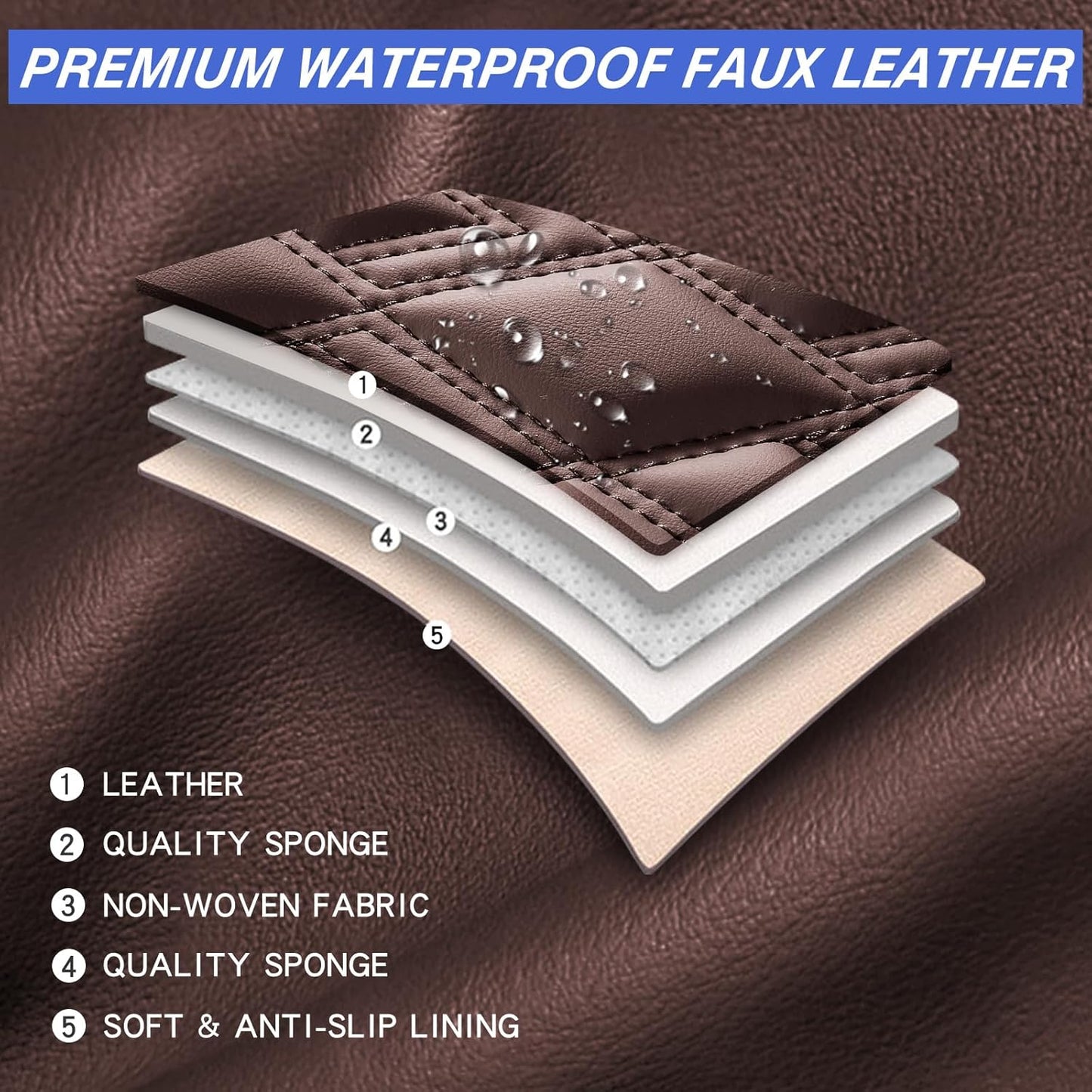 Car Seat Covers Full Set, Leather Seat Covers for Cars, Car Seat Protector Waterproof, Non-Slip Car Interior Covers Fit for Most Cars, SUV, Vans, Trucks,5Seaters,Full Set,Brown