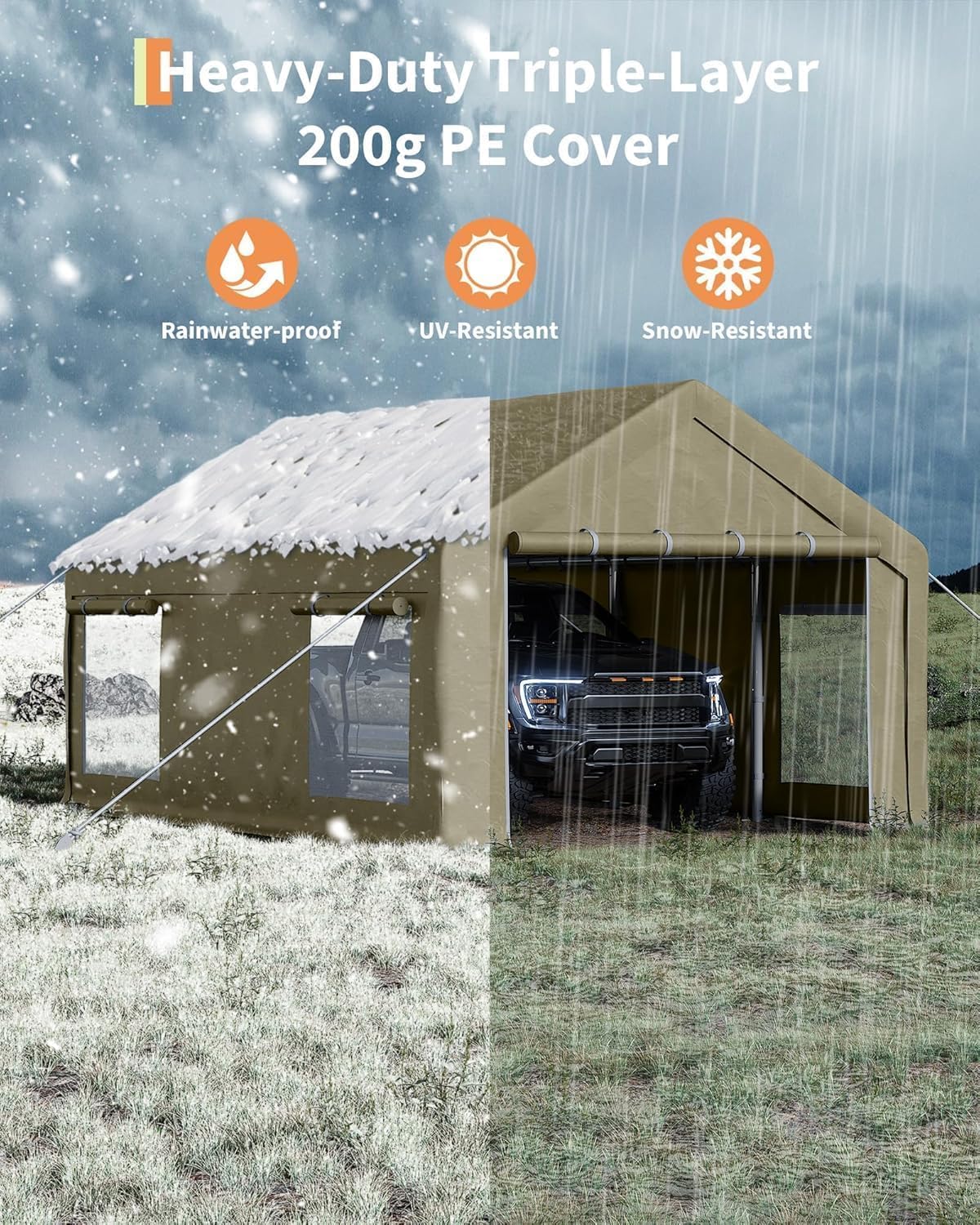12 x 20FT Heavy Duty Carport with Roll-Up Windows, Portable Garage with Removable Sidewalls & Doors, Portable Car Tent Garage with Roll-Up Windows and All-Season Tarp, for Car, Truck,