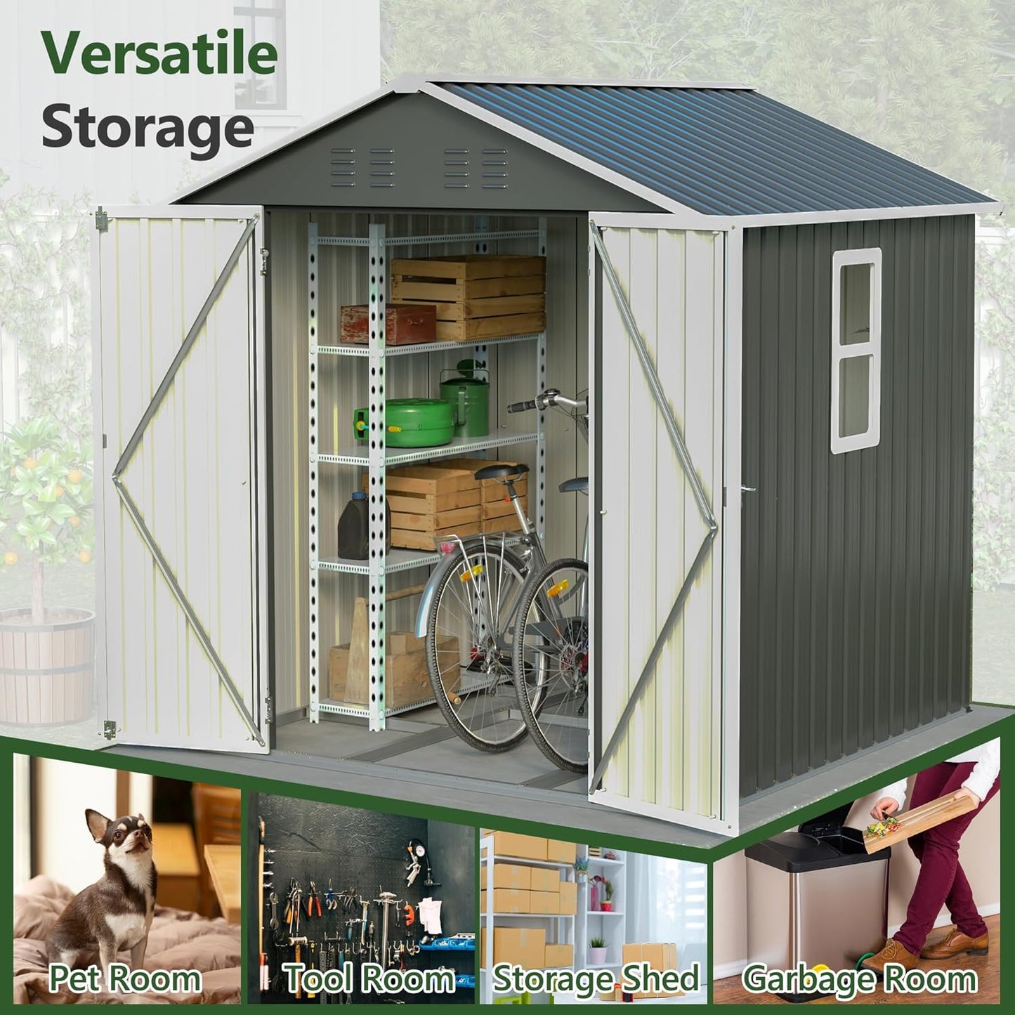 Outdoor Storage Shed, 6 X 6ft Metal Galvanized Steel Garden Shed with Floor Frame, Utility Tool Shed Storage House for Backyard, Patio, Lawn