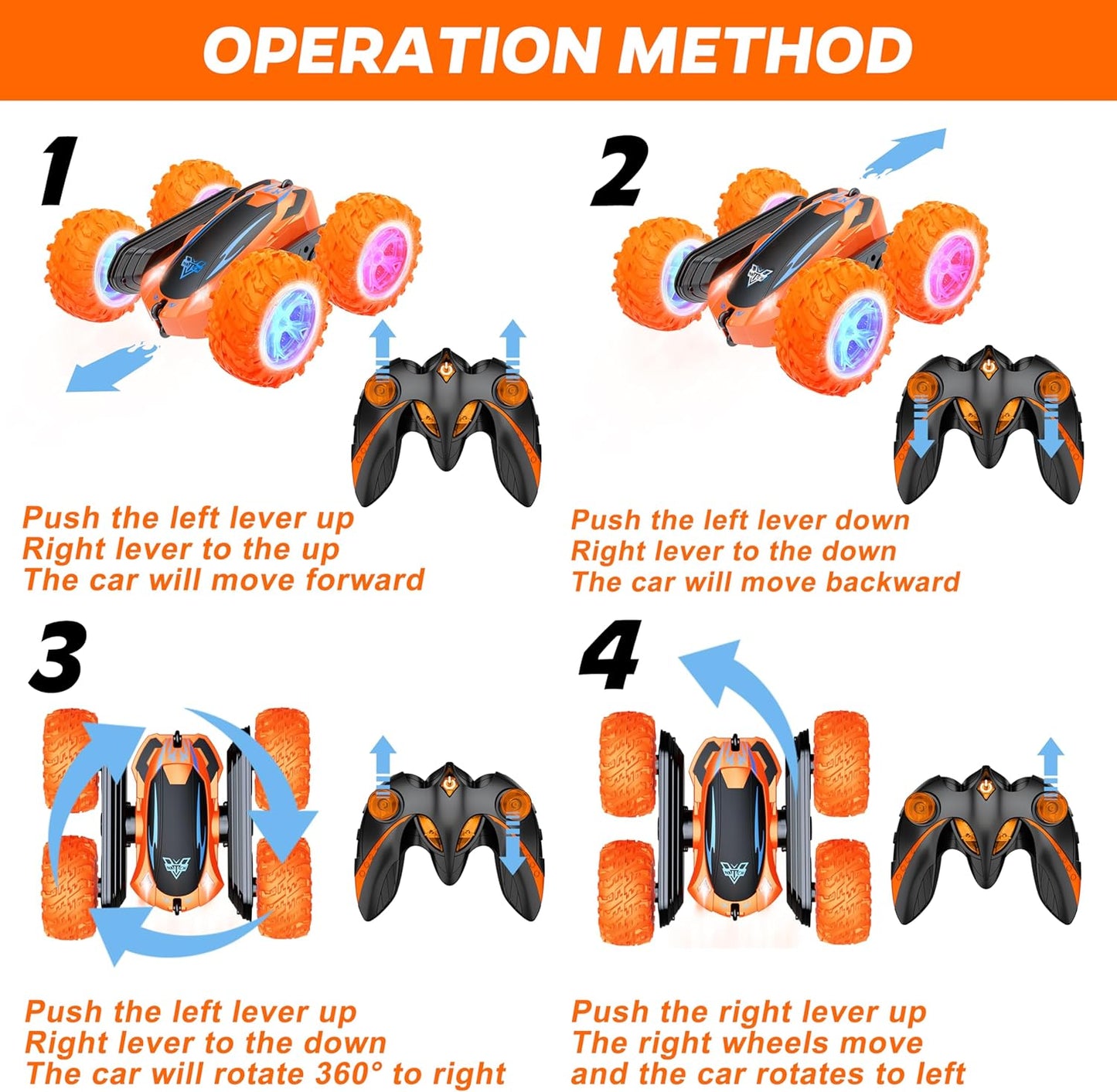 Remote Control Car, 2.4GHz Electric Race Stunt Car, Double Sided 360° Rolling Rotating Rotation, LED Headlights RC 4WD High Speed Off Road Gift for 3 4 5 6 7 8-12 Year Old Boy Toys (Orange)