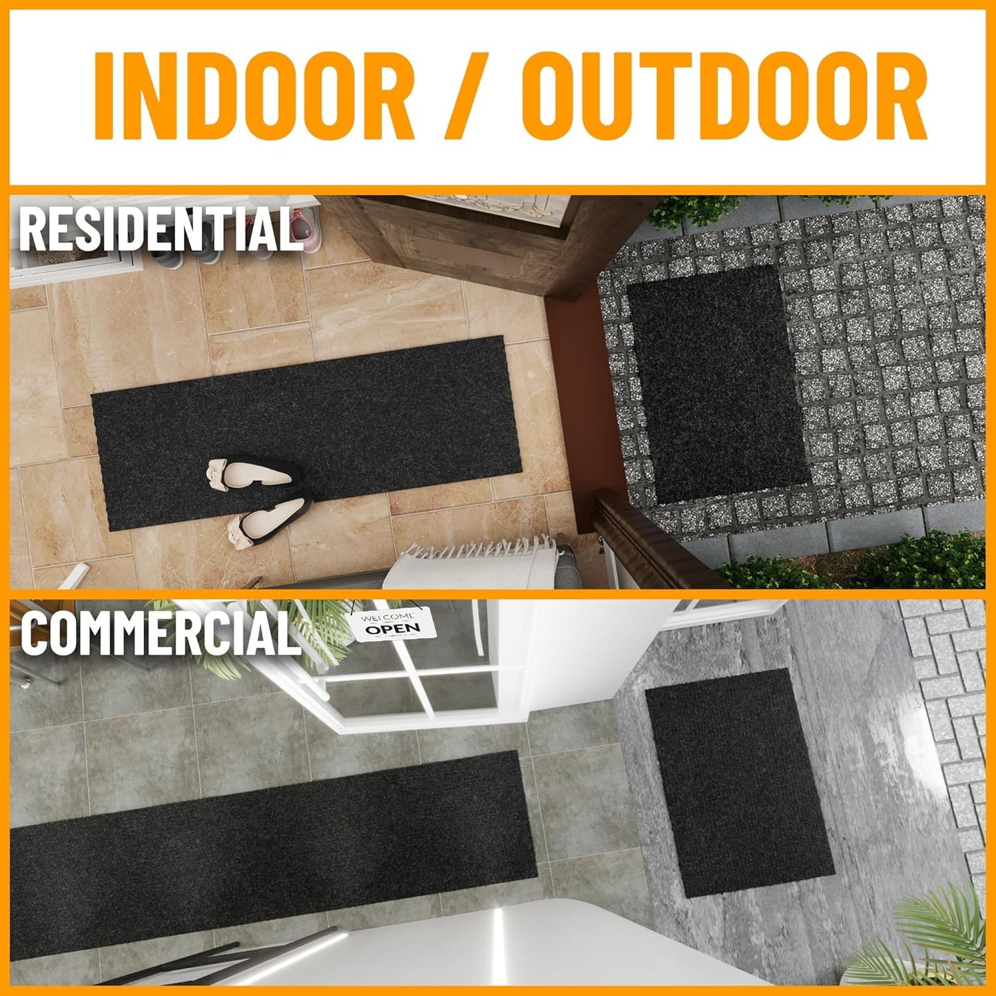 Ottomanson 2' x 47' Hallway Runner with Scraper Pile Extra Durable Non-Slip Rug Mat for Indoor & Outdoor Use - Ideal for Kitchen, Entryway, Patio & Garage - High-Traffic Carpet, Black