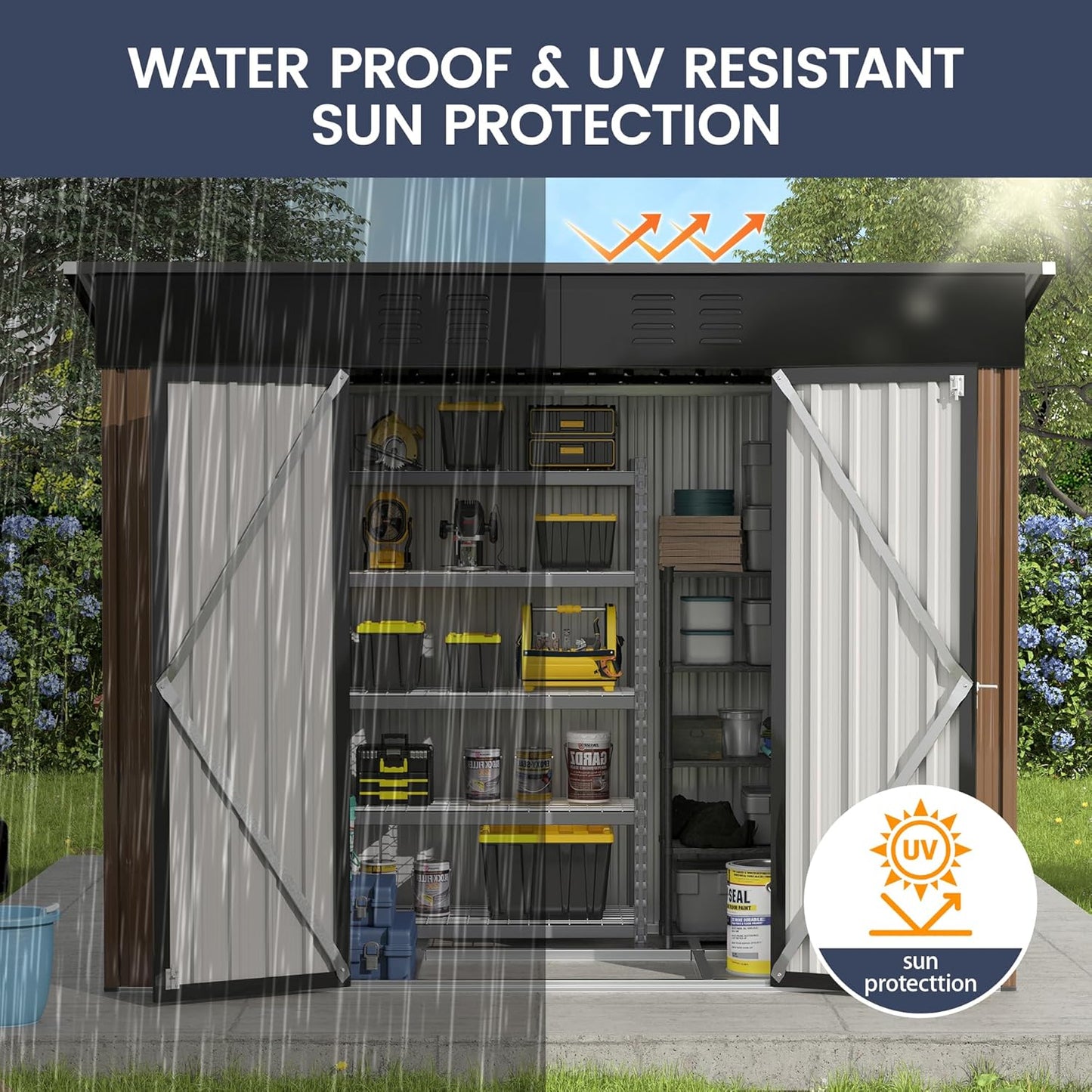 UDPATIO Outdoor Storage Shed 8x4 FT, Outside Sheds & Outdoor Storage Metal Galvanized Steel Yard, Patio, Lawn, Tool Shed with Lockable Door for Can, Bike, Lawnmower, Generator,Brown