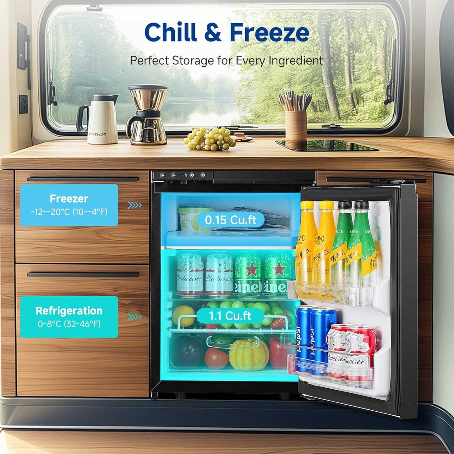 BODEGACOOLER 12 Volt RV Refrigerator, 35.4L(1.25Cu.ft) RV Fridge with Freezer, APP Control Car Refrigerator, (-4℉-46℉) Travel Compressor Cooler 12/24V DC for Boat, Yacht, Caravan, Truck, Camping