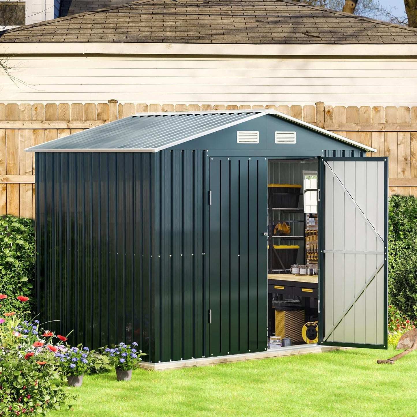 Breezz 6x8FT Outdoor Steel Storage Shed with Frame Floor,Clear Window, Lockable Doors, Weather-Resistant Metal Tool Shed for Garden, Backyard, Patio, and Utility Storage