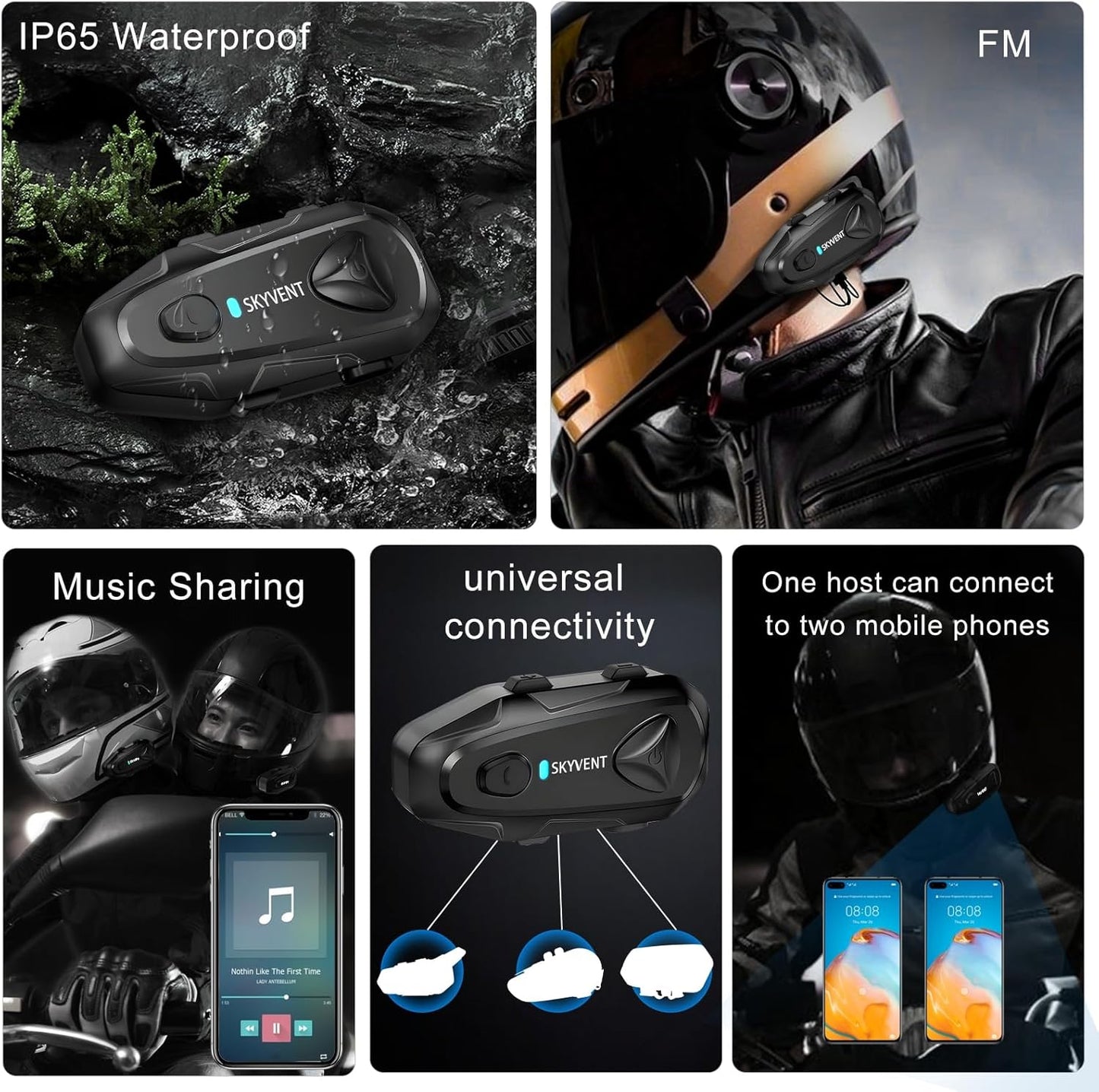 Q4 Motorcycle Bluetooth Communication System Headset Intercom, 4 Riders 1500m Music Sharing, FM, Noise Cancellation, IP65 Waterproof, Dual Pack (Q4)