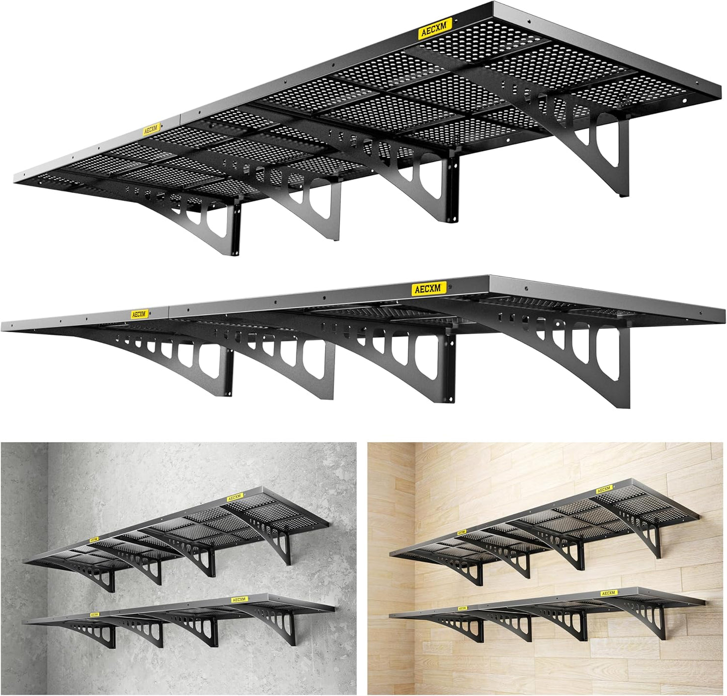 4-pack 2x3ft Adjustable Garage Wall Shelving 1120lbs Load Capacity Heavy Duty Wall Mounted Storage Shelf Metal Floating Shelves for Garage(Black)
