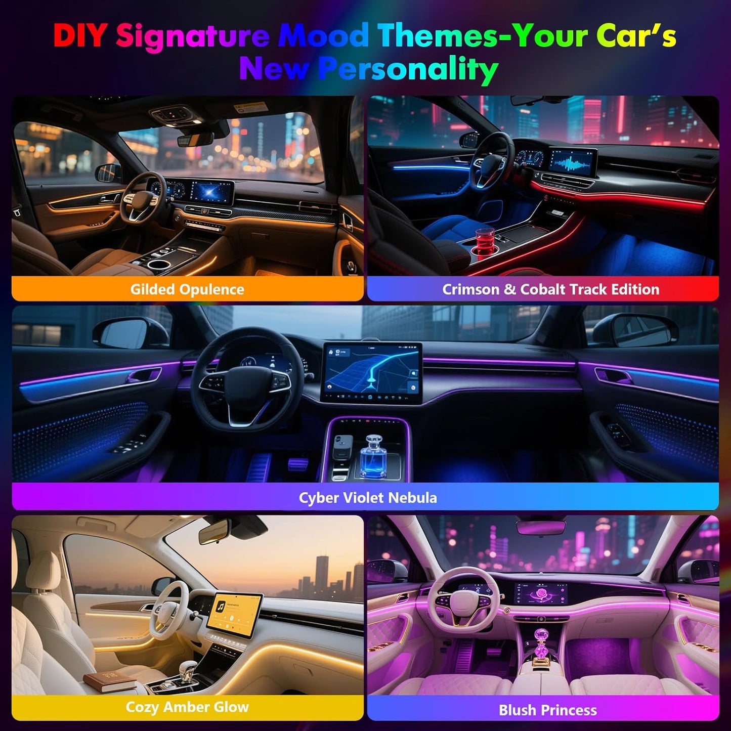 New Version Dreamcolor Acrylic Car Interior Lights 18 in 1 RGB Car Ambient Lighting Kit APP Control Zoned Control System 252 Color Modes DIY 16 Million Colors Music Sound Active Neon LED Strip Lights