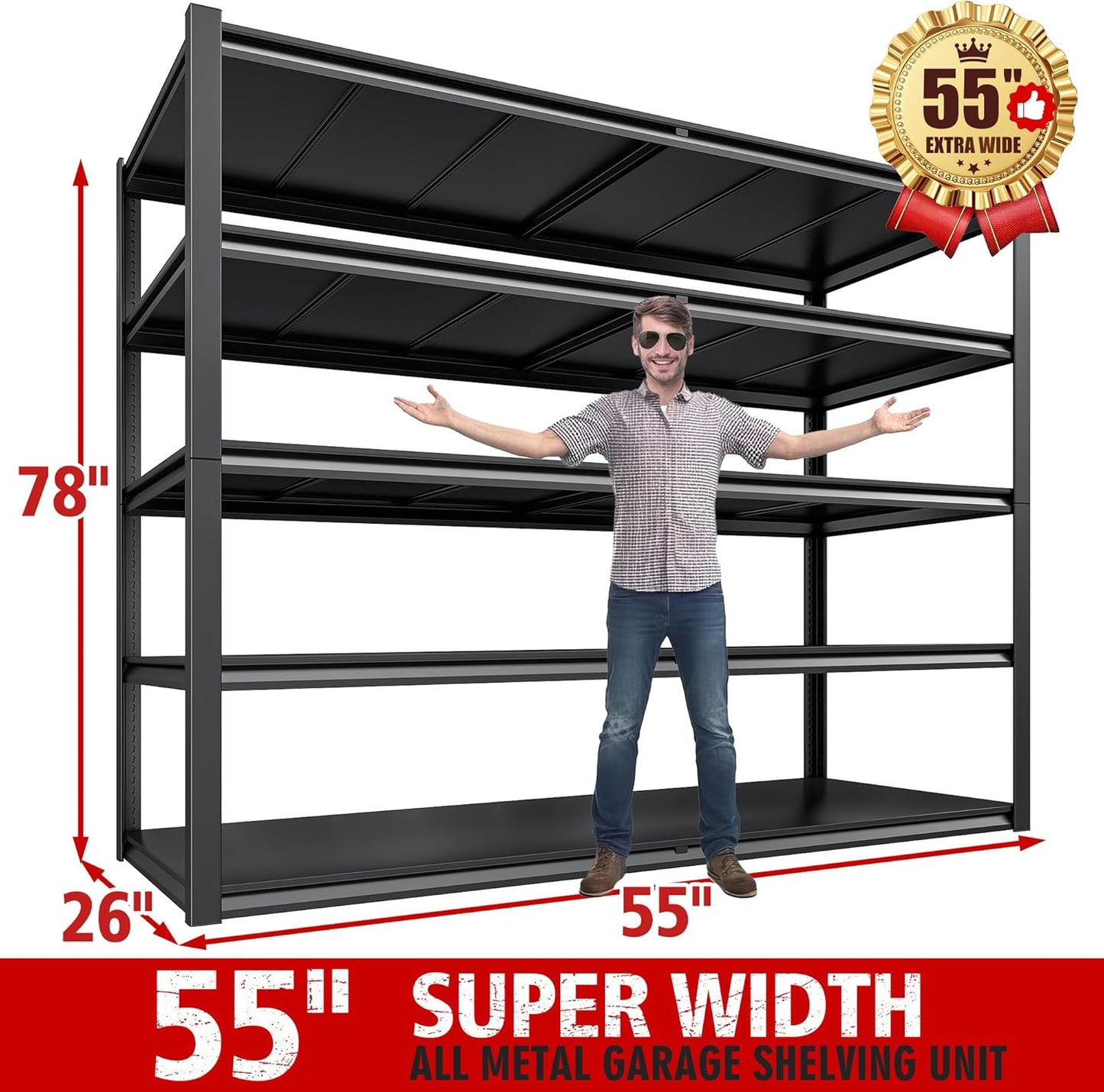 REIBII 78" H Garage Shelving, Storage Shelves Heavy Duty Load 3000LBS, Adjustable Heavy Duty Shelving, 5 Tier Metal Shelving Unit for Storage Rack, Basement, 55" W x 26" D x 78" H, Black