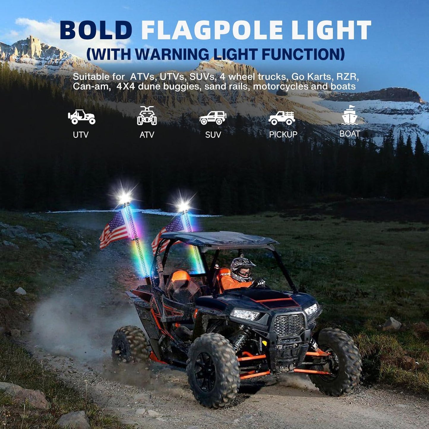 2Pack 3FT Fat Whip Lights,RGB Led Whip Lights for Side by Side with Strobe Light RGB Chasing Lighted Music Antenna Whips W/App & Remote Control for UTV ATV RZR Can-Am SXS Polaris Offroad Truck