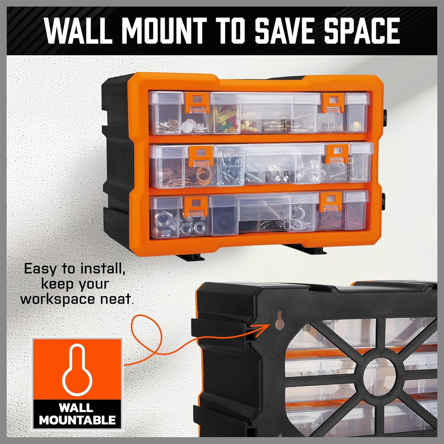 HORUSDY 38-Drawer Durable Screw Organizer, Small Parts Organizer for Hardware, Tools, Screws, Heavy-Duty Wall Cabinet Storage of Beads, Crafts (3 Large Drawers with Dividers for 36 Compartments)