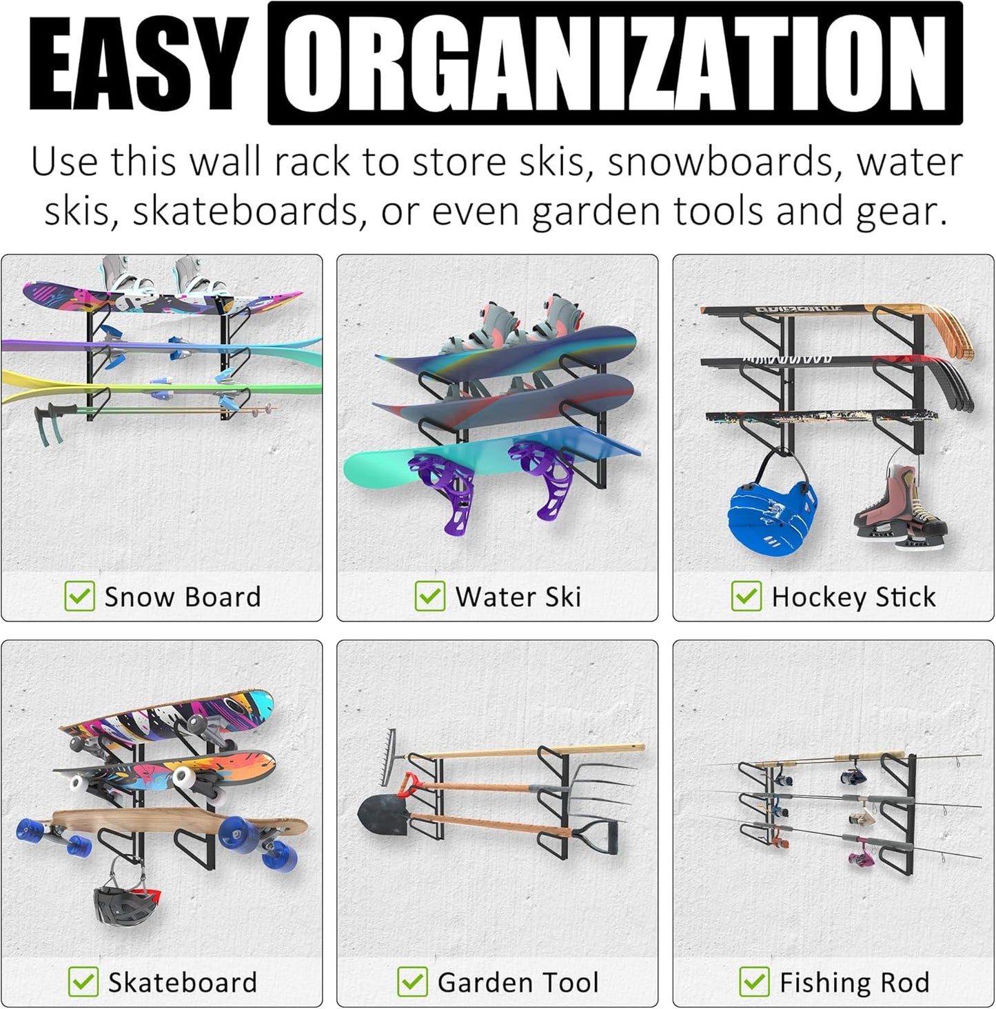 UNITEDPOWER Ski Storage Rack, Wall Mounted Snowboard Organizer Shelf, Wall Display Hanger Holds Up 3 Pairs of Skis and Poles, Garage, Home, Shed