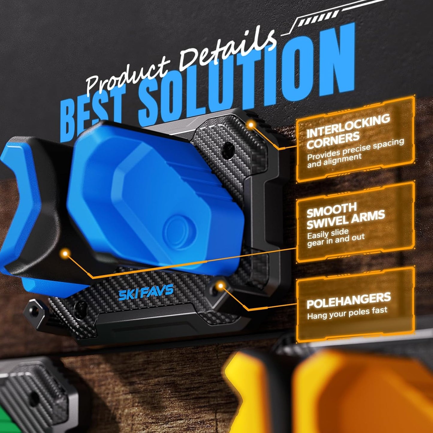 Ski & Snowboard Wall Rack for Garage - Fits Any Ski/board, Damage-Free Storage, Blue, 4 Pack