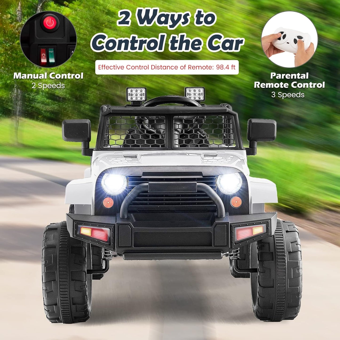 Costzon Ride on Car, 12V Battery Powered Truck Vehicle with Remote Control, Spring Suspension, Headlights, Music, Horn, MP3, USB & Aux Port, Gift for Boys Girls, Electric Car for Kids (White)