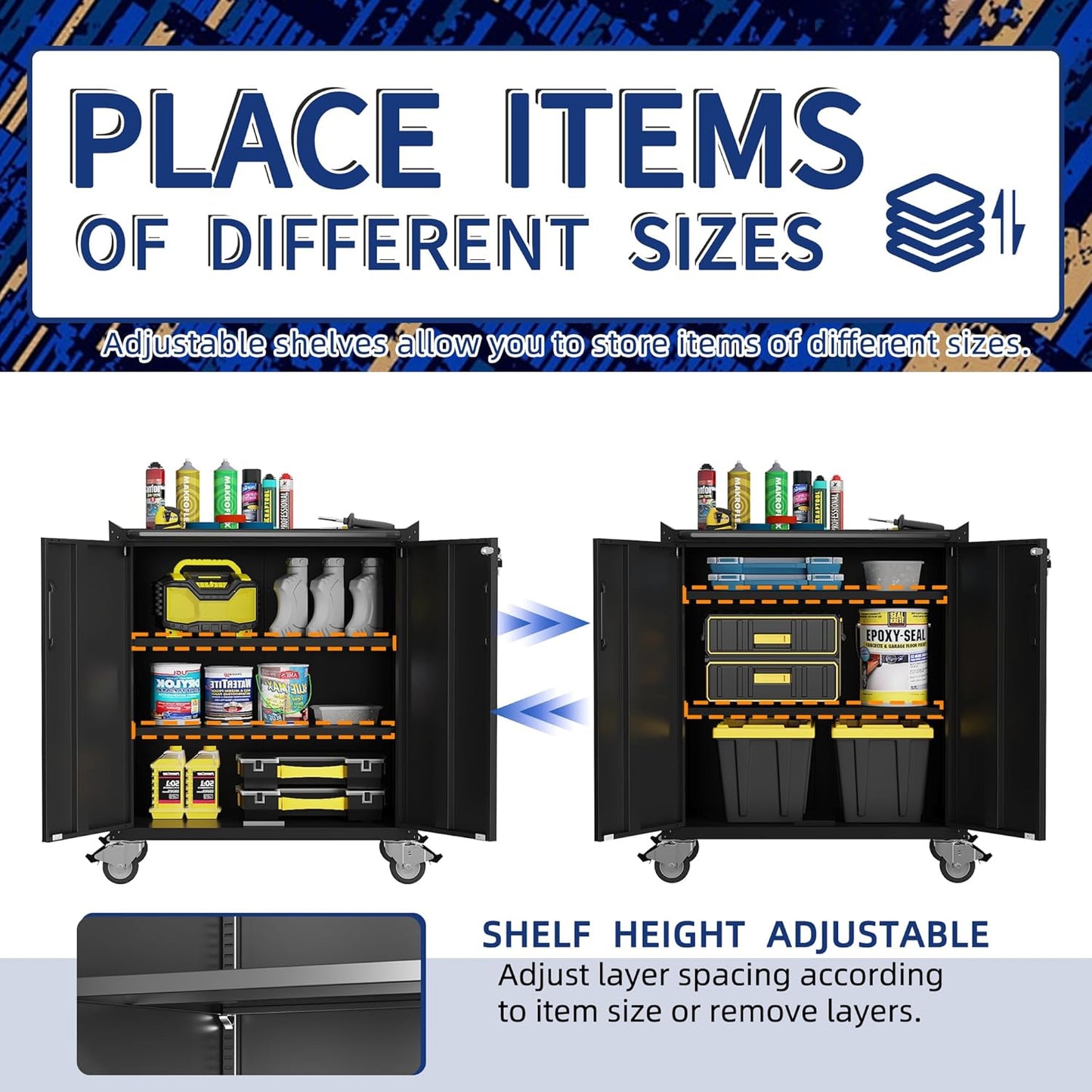 Metal Garage Storage Cabinet with Wheels,Locking Rolling Tool Cabinet with Drawers and Shelves for Home, Office, Garage & Workshop