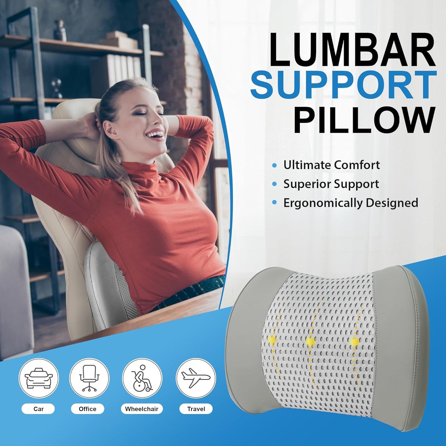Memory Foam Lumbar Support Cushion Relieves Lower Back Pain for Car, Office Chair, and Wheelchair Use, 4D Mesh Cover, Gray