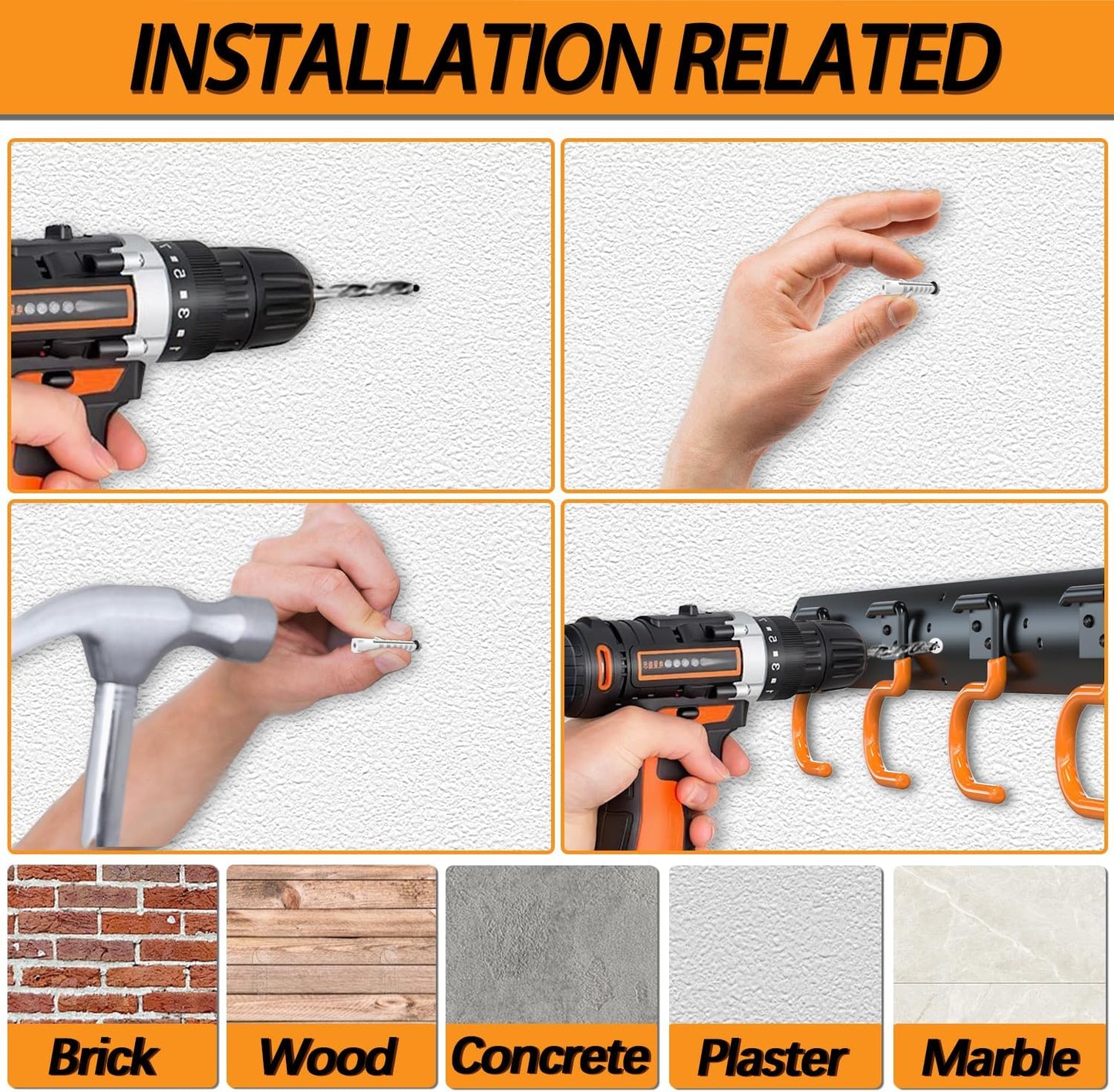 3-H 2×16" All Metal Garden Tool Organizer, Garage Tool Organizer, Broom Holder Wall Mount for Garage, Shed, Garden, Basement Hanging and Organizing Rake, Mop, Shovel, Hose