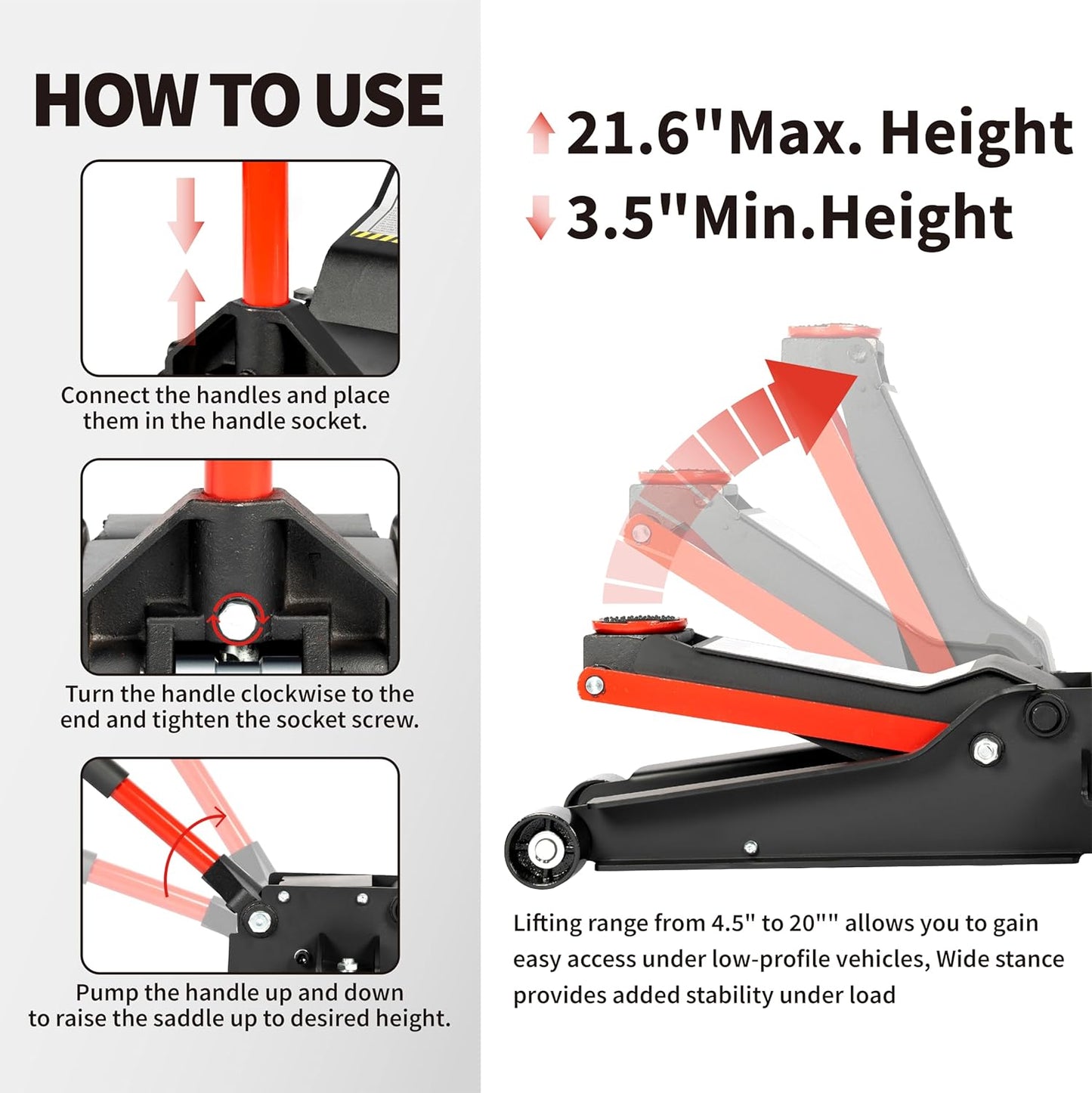 5-Ton (11000lbs) Low Profile Hydraulic Super Heavy-Duty Steel Floor Jack with Dual Pistons Quick Lift Pump, Home and Workshop Car Maintenance for Various Vehicles (Red, 5 Ton Low Profile)