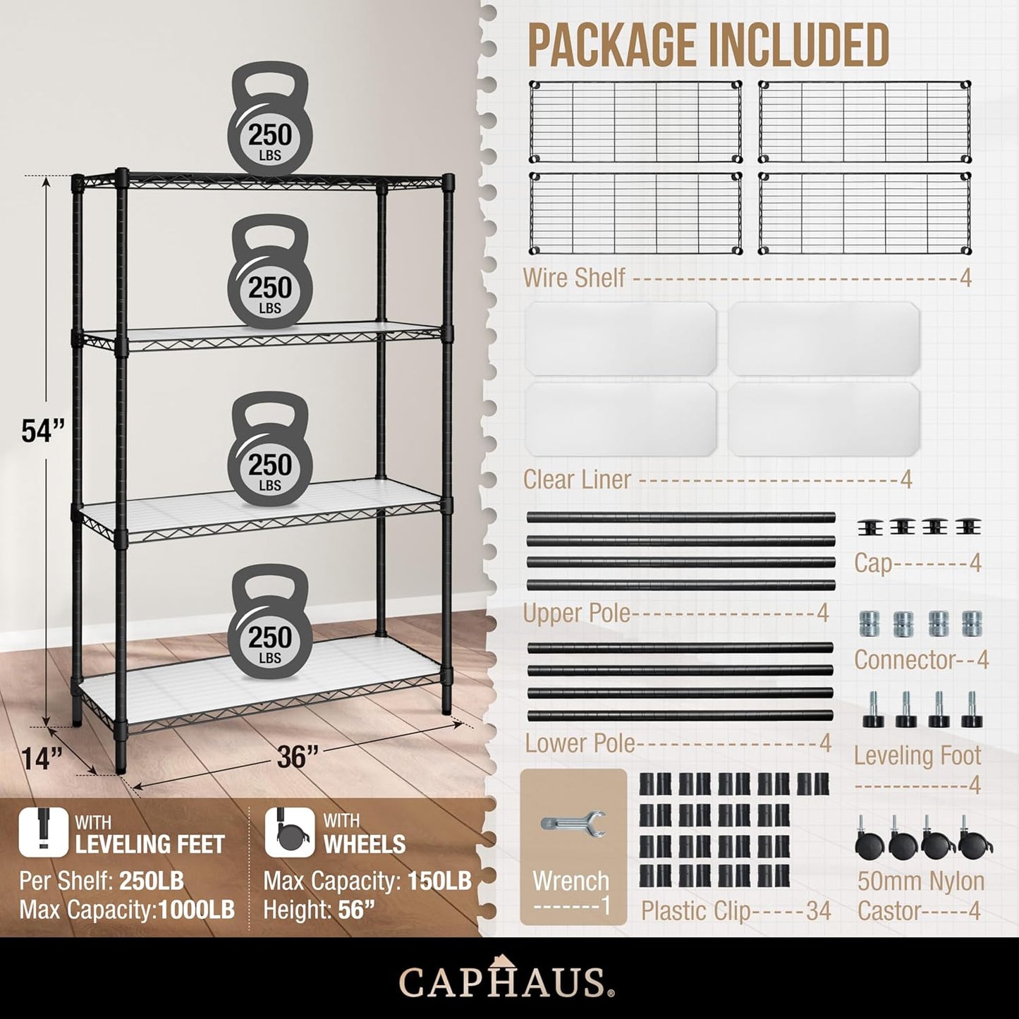 CAPHAUS NSF Adjustable Height Wire Shelving Unit w/Liner, Basement Storage Shelving, Metal Steel Storage Shelves, Garage Shelving Storage Organizer, Utility Shelf, 4-Tier W/Wheels W/Liners, Black