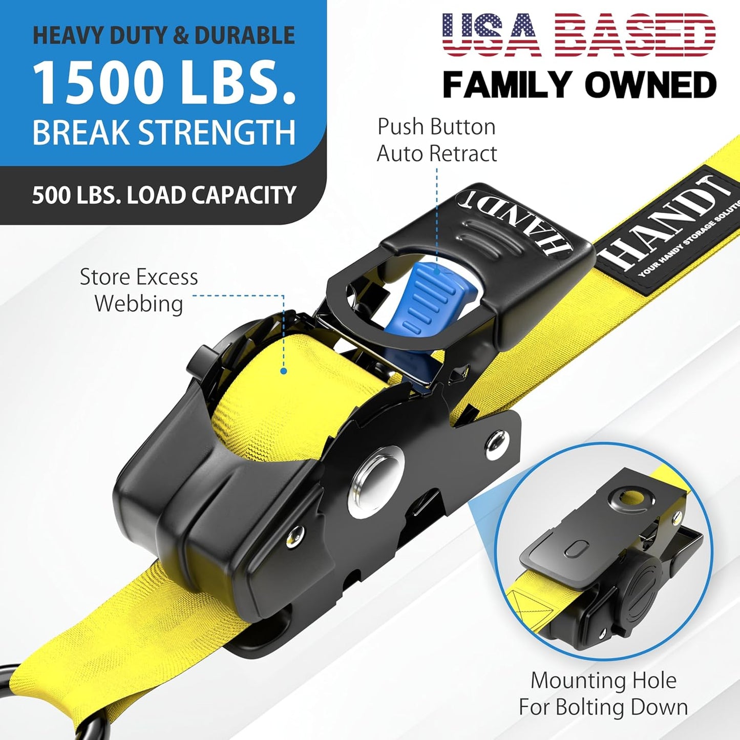 HandT USA Based Retractable Ratchet Straps (2PK) 1in x 6ft - 1,500lb Break Strength, Heavy Duty Automatic Ratchet Straps Self Retractable Tie Down, Push Button Retracting Truck Trailer Cargo | Yellow