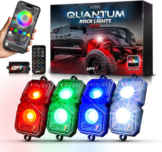 OPT7 Quantum Pro RGBW LED Rock Lights with Bluetooth APP and Remote Control, 4 Pods Wide Angle Multicolor Neon Underglow Lighting Kit with Extension Wire, IP68 Waterproof for Offroad Truck ATV UTV SUV