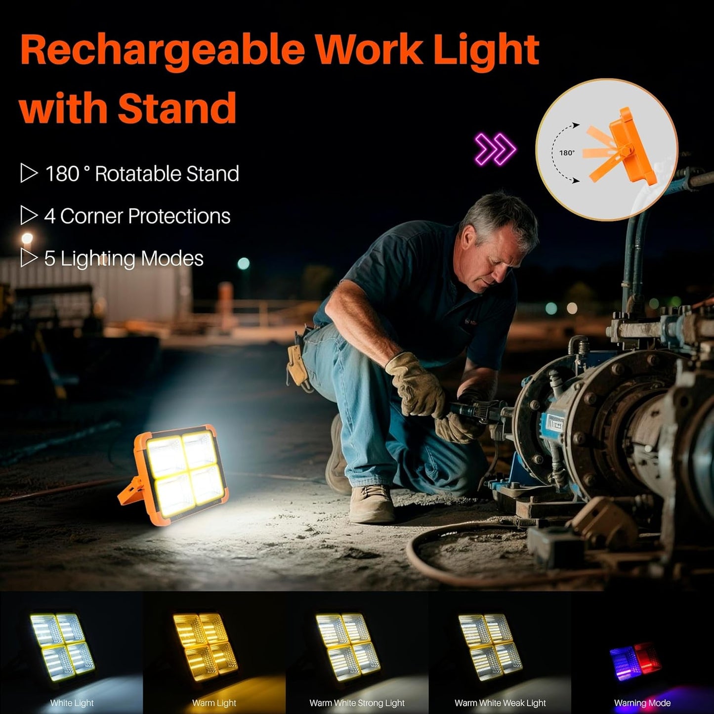 LED Solar Work Light with Magnetic, 5 Lighting Modes, IP66 Waterproof, Long Runtime, Portable Rechargeable Outdoor Working Light for Repair, Job Site, Camping, Emergency, Power Cut