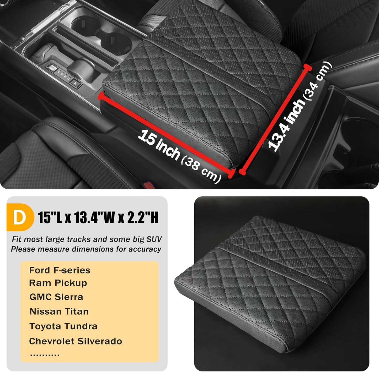 Car Center Console Cover pad Genuine Cowhide Leather,Black Armrest Box mat, Full size SUV truck arm rest Cushion Protector,true cow Leather,f150 sierra titan silverdo tundra(sizeD 15x13.4x2.2)