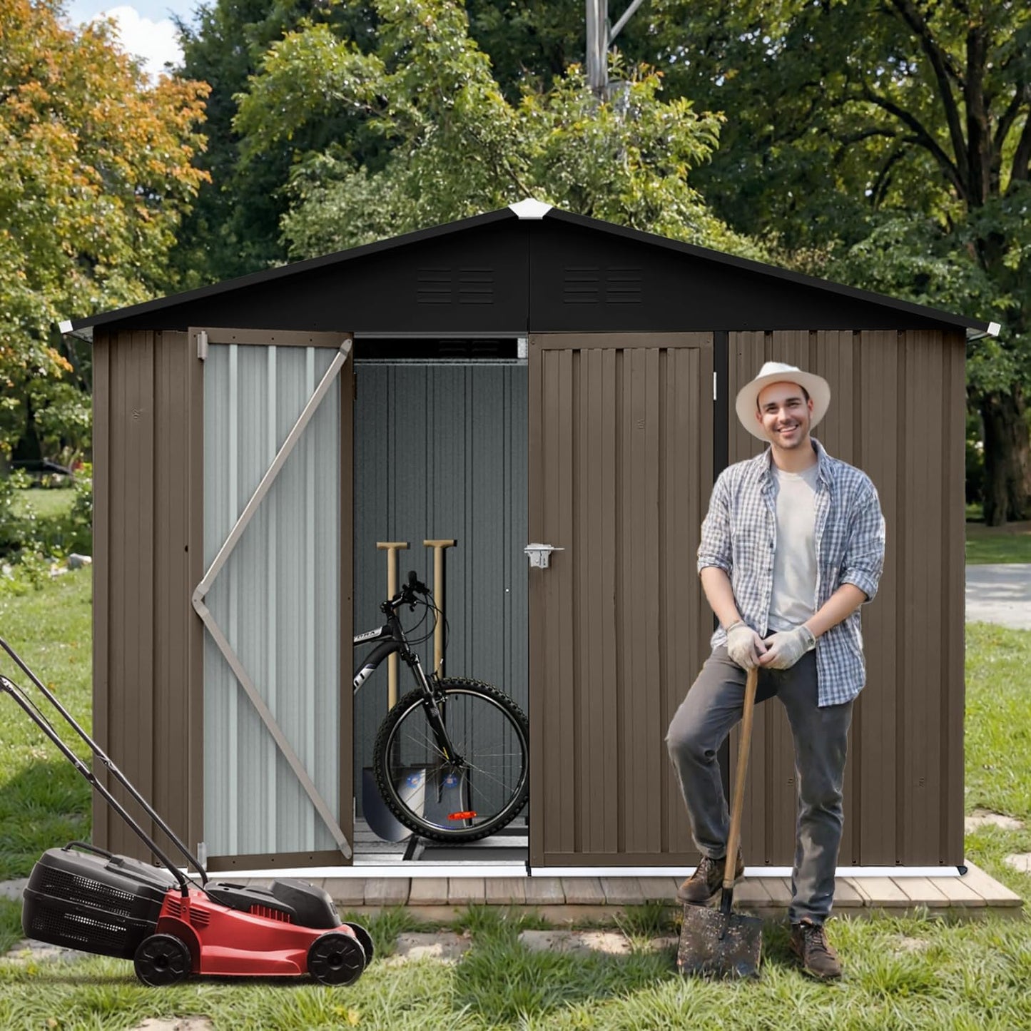 8 x 6 FT Outdoor Storage Metal Shed, Bike Garden Tool Shed with Slooping Roof, Lockable Doors and Aluminum Frames, Shed Easy to Assemble for Garden, Patio, Lawn, Brown