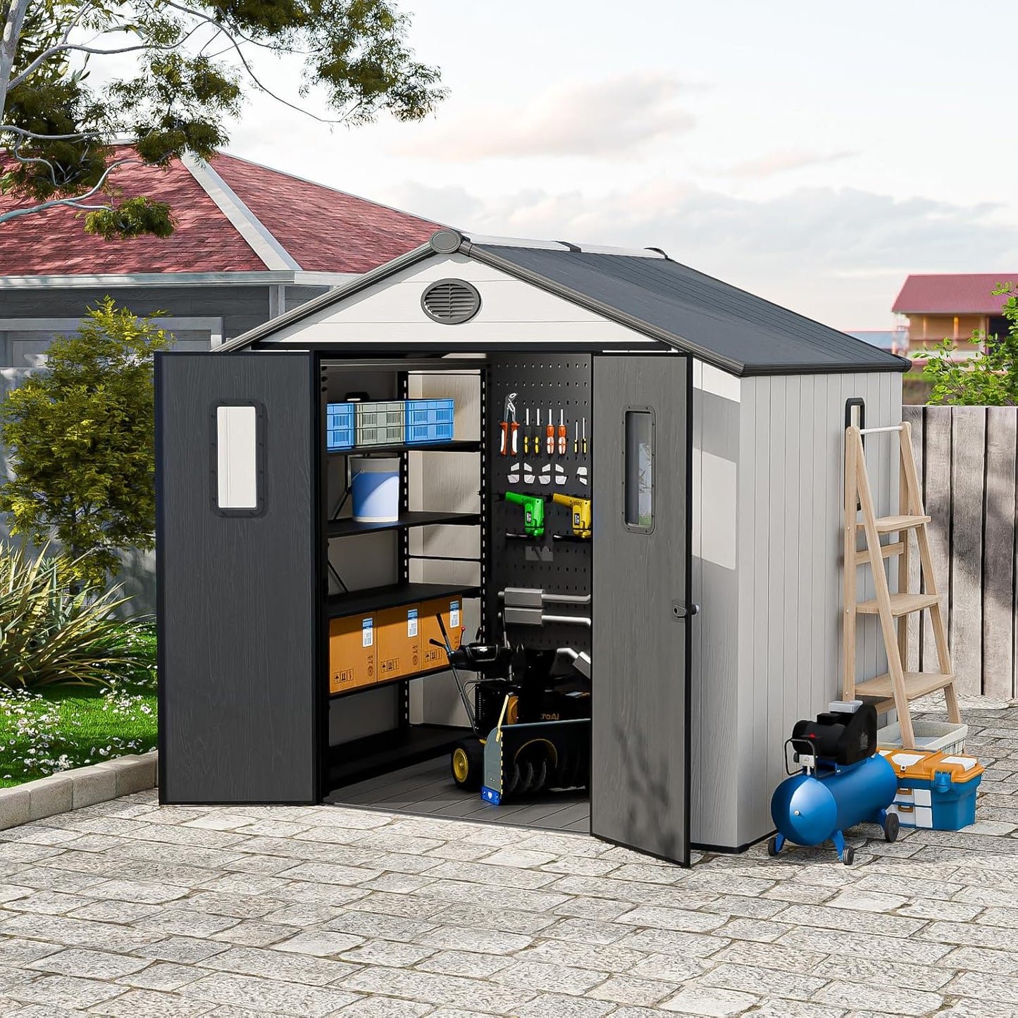 COOS BAY Resin Outdoor Storage Shed with Lockable Double Doors, Heavy-Duty Floor, All-Weather Garden Shed for Tools & Equipment, 8x6 ft, White/Gray