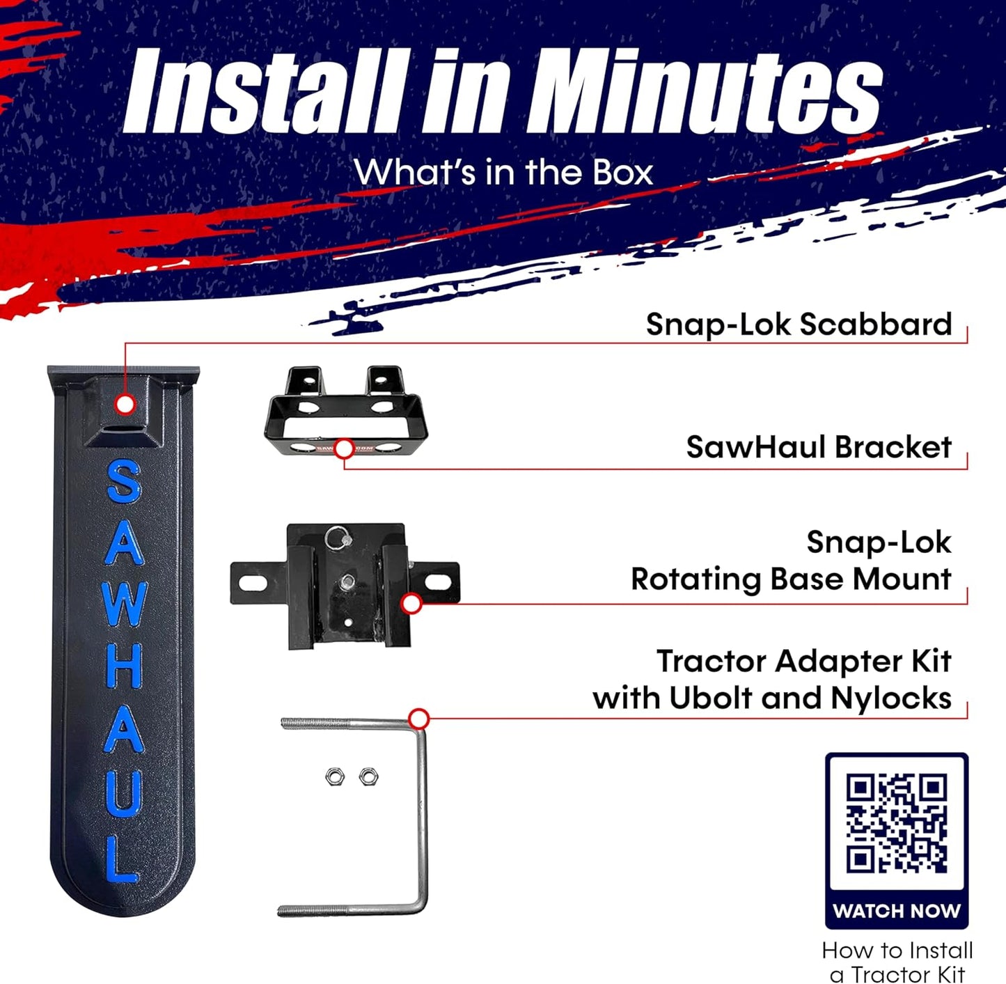 SawHaul Snap-Lok Universal Chainsaw Carrier Kit for Tractors and Skid Steers – 20 Inch Blue Scabbard with Rotating Mount – Compatible with All Chainsaw Brands – Made in USA