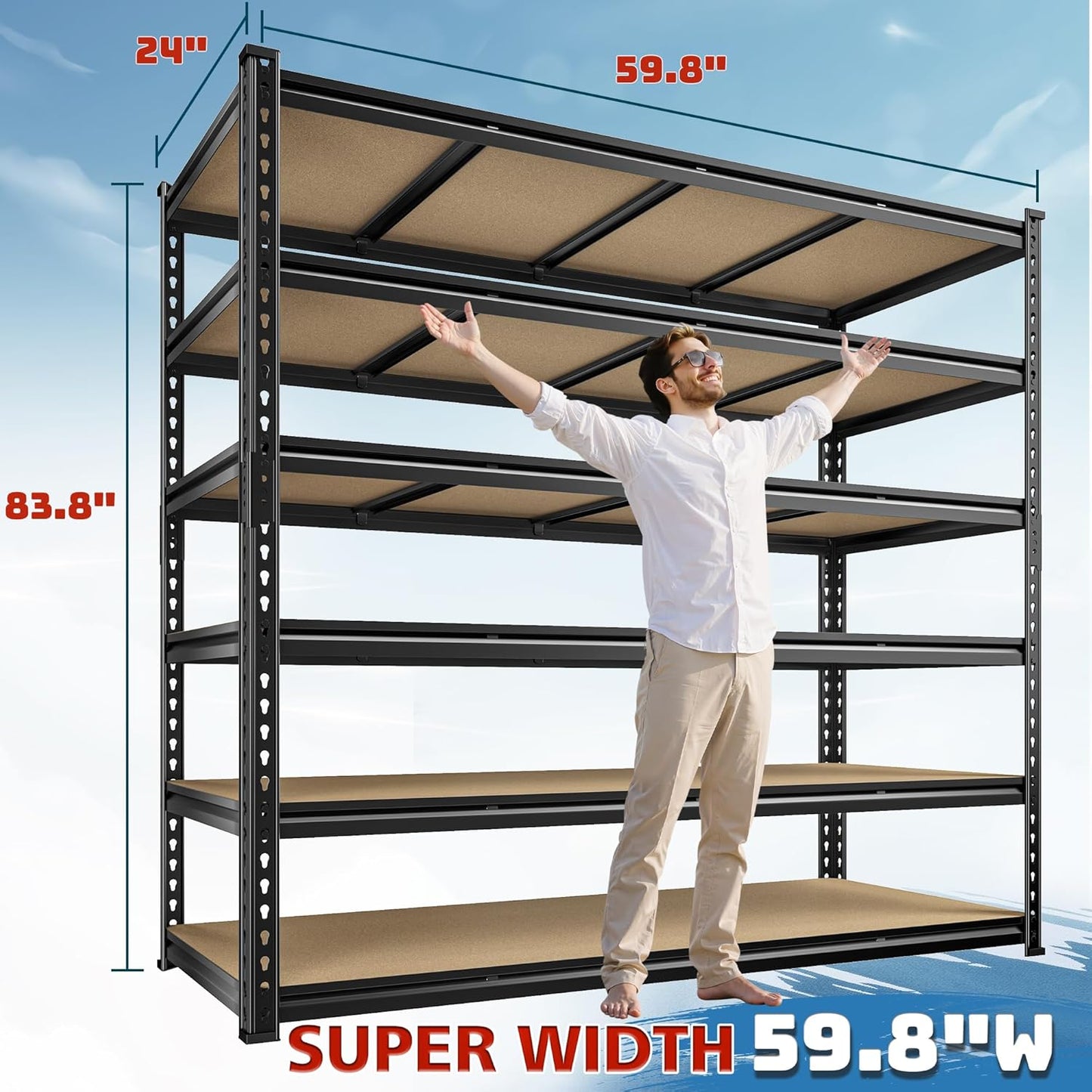 83.8" H Garage Shelving 59.8" W Metal Shelving 3000LBS Storage Shelves Heavy Duty Garage Shelves Adjustable Metal Shelf for Basement Warehouse Pantry 59.8" W x 24" D x 83.8" H