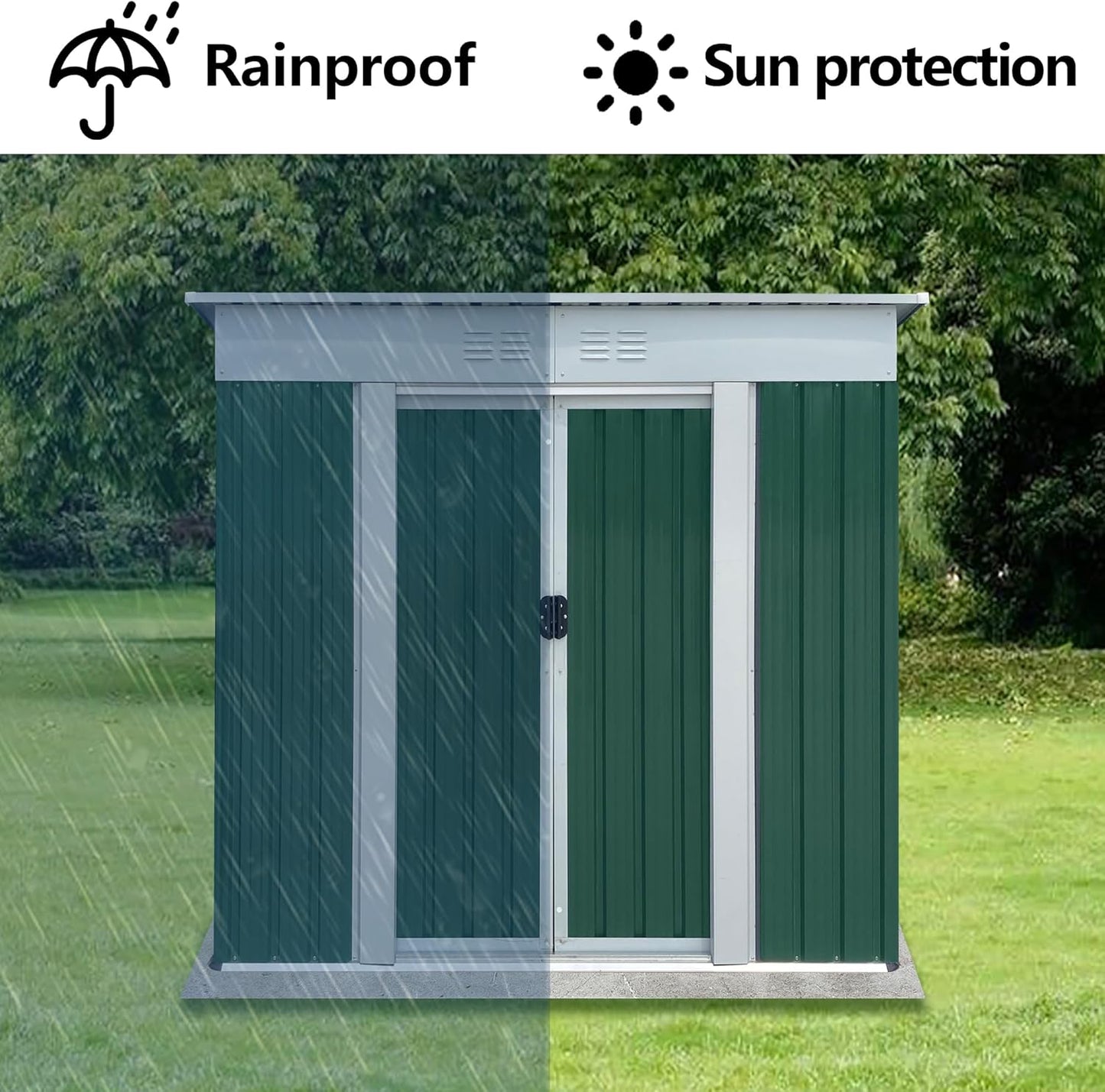 6x4 FT Outdoor Storage Shed with Sloping Roof, Waterproof Metal Garden Sheds w/Lockable Sliding Doors and Vents, Weather Resistant Tool Storage House for Backyard, Patio, Lawn, Green
